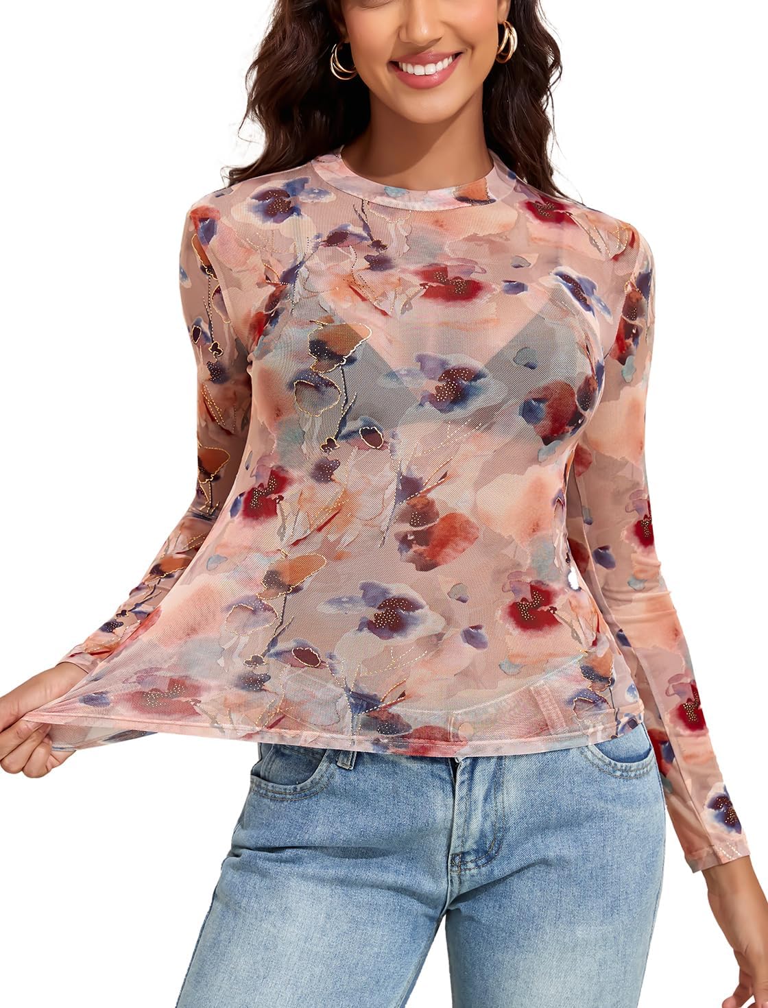 YYA Sparkly Mesh Top for Women Long Sleeve Round Neck Mesh Shirt Sheer Shiny Top Solid Floral Tee Shirts S-XXL - Image 3