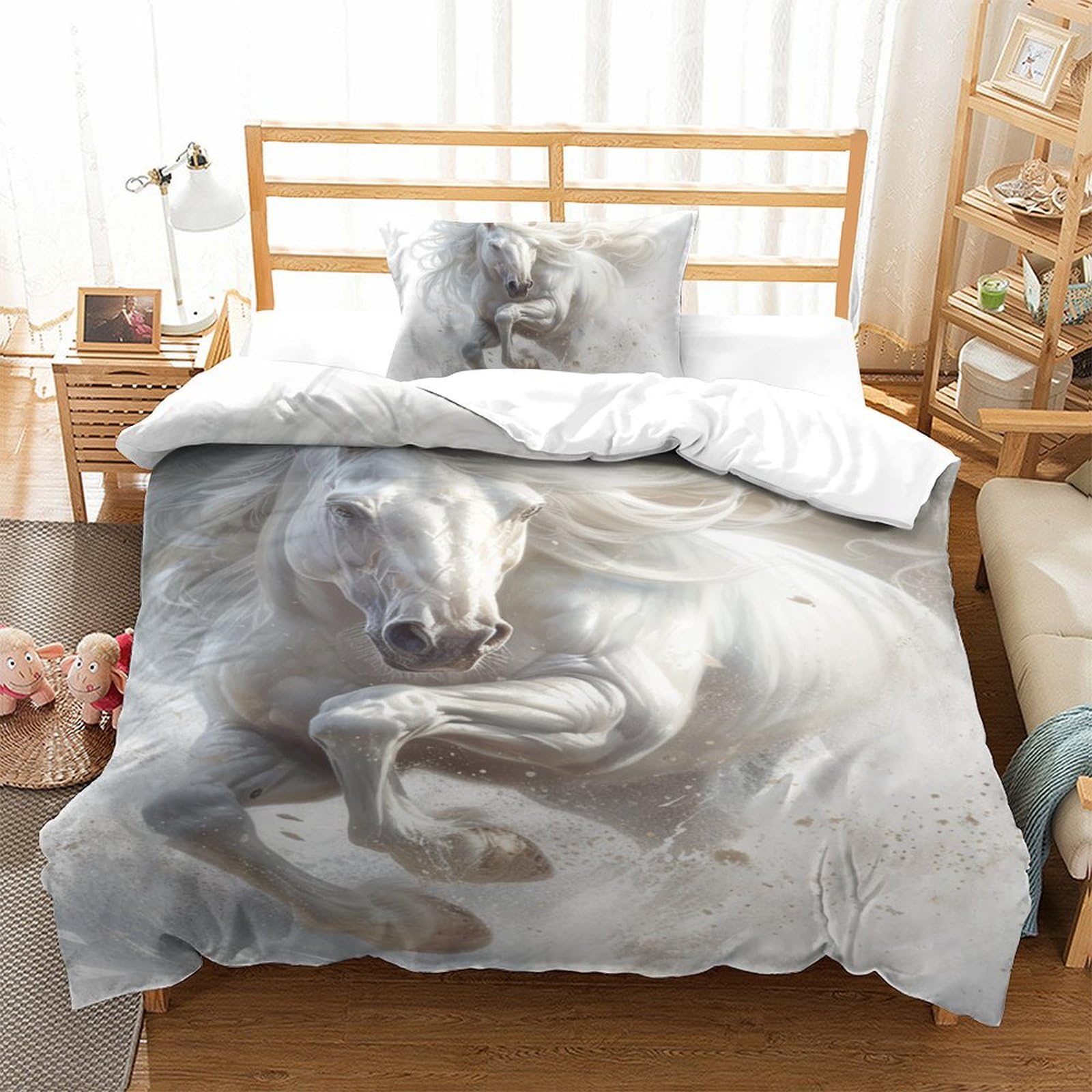 Parure de lit cheval blanc 3D microfibre anti-plis et ultra douce contre les draps rêches