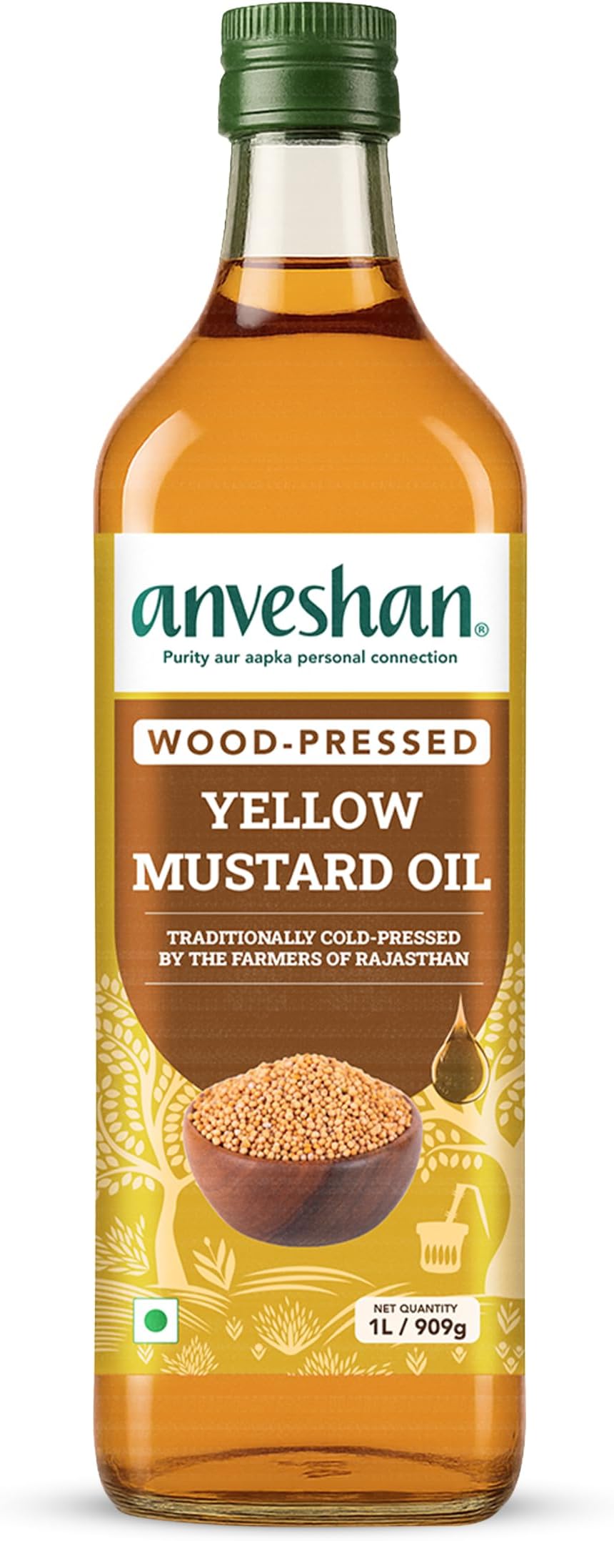Anveshan Wood Cold Pressed Yellow Mustard Oil-1 Litre | Plastic Bottle | Kolhu/Kacchi Ghani/Chekku | Natural | Chemical-Free | Cold Pressed Yellow Mustard Oil For Cooking