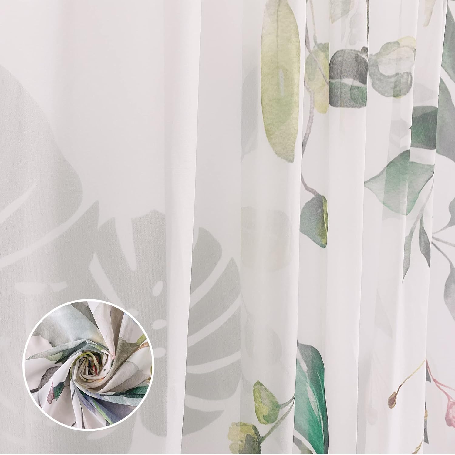 Green Eucalyptus Leaves Curtains for Living Room 63 inch Length 2 Panels Set Elegant Wild Flower Floral Spring Printed Window Curtain Natural Sheer Chiffon Drapes for Bedroom