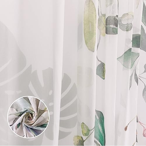 Miniatura 5 de Cortinas de hojas de eucalipto verdes para sala de estar de 63 pulgadas de largo, juego de 2 paneles elegantes de flores silvestres con estampado