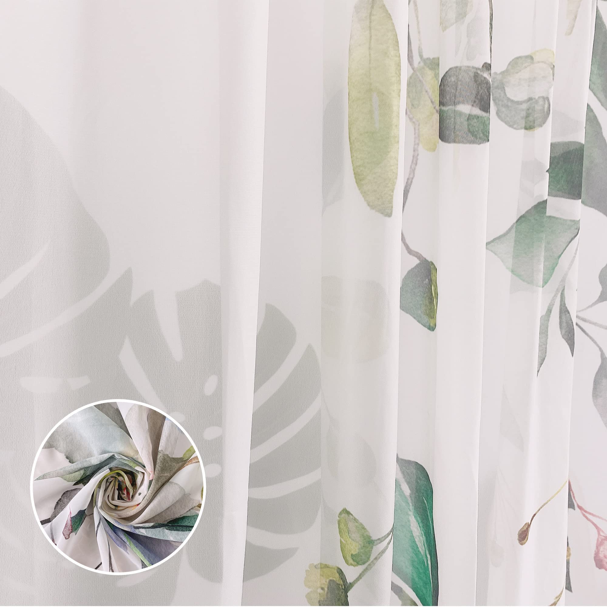 Tende per soggiorno con foglie di eucalipto verde, lunghezza 160 cm, set di 2 pannelli, elegante tenda per finestra con stampa floreale primaverile naturale in chiffon trasparente per camera
