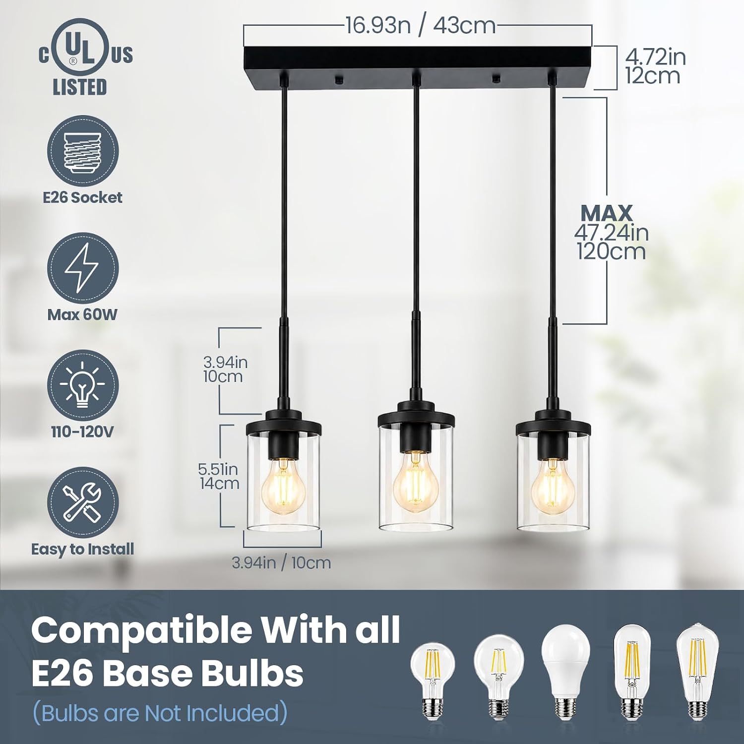 3-Light Pendant Light Fixtures, Modern Black Pendant Lights Kitchen Island, Adjustable Kitchen Island Lighting with Clear Glass Shade, Hanging Light Fixtures for Dining Room, Bedroom, Hallway