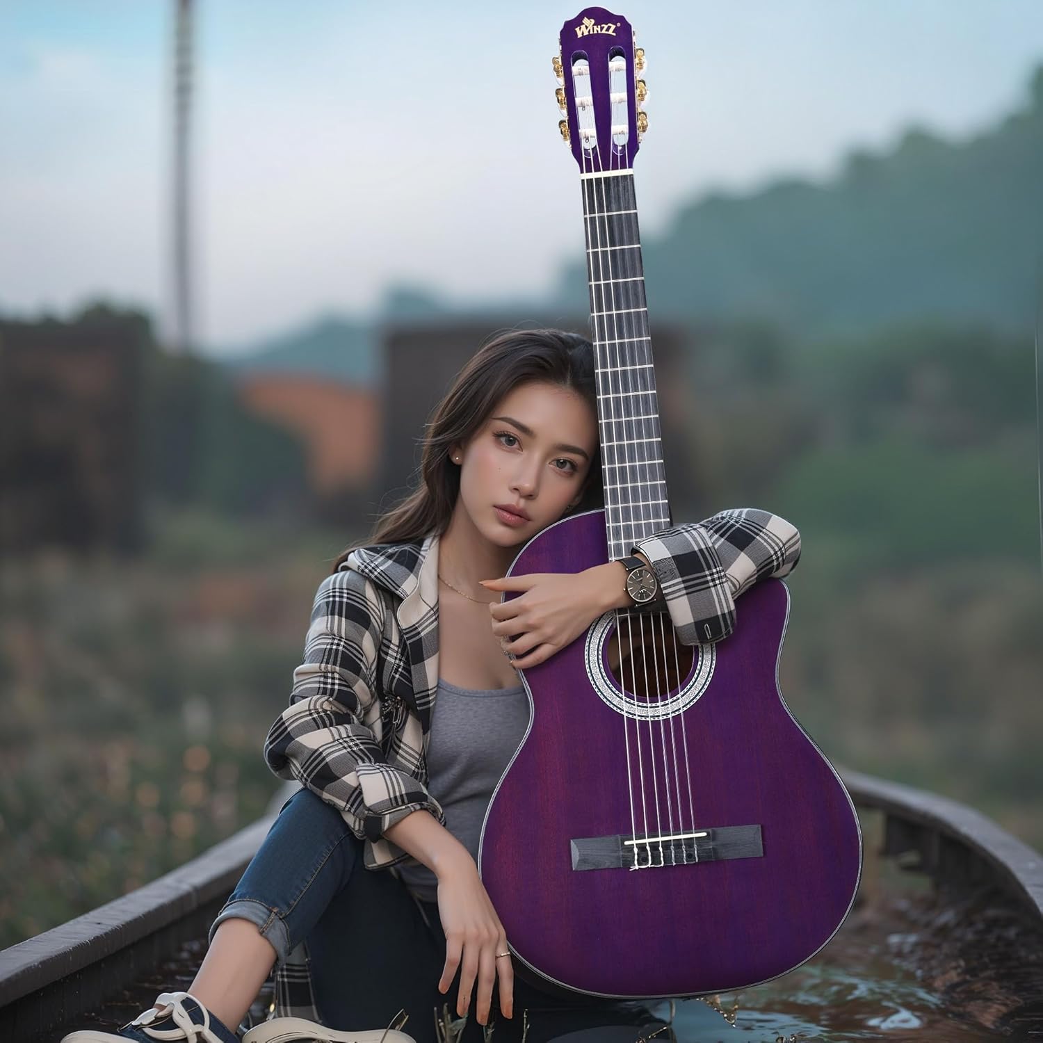 WINZZ AC309CE 39 Inches Cutaway Nylon-string Classical Electric Guitar Build-in Pickup Kit Set Online Lessons, Glossy Purple