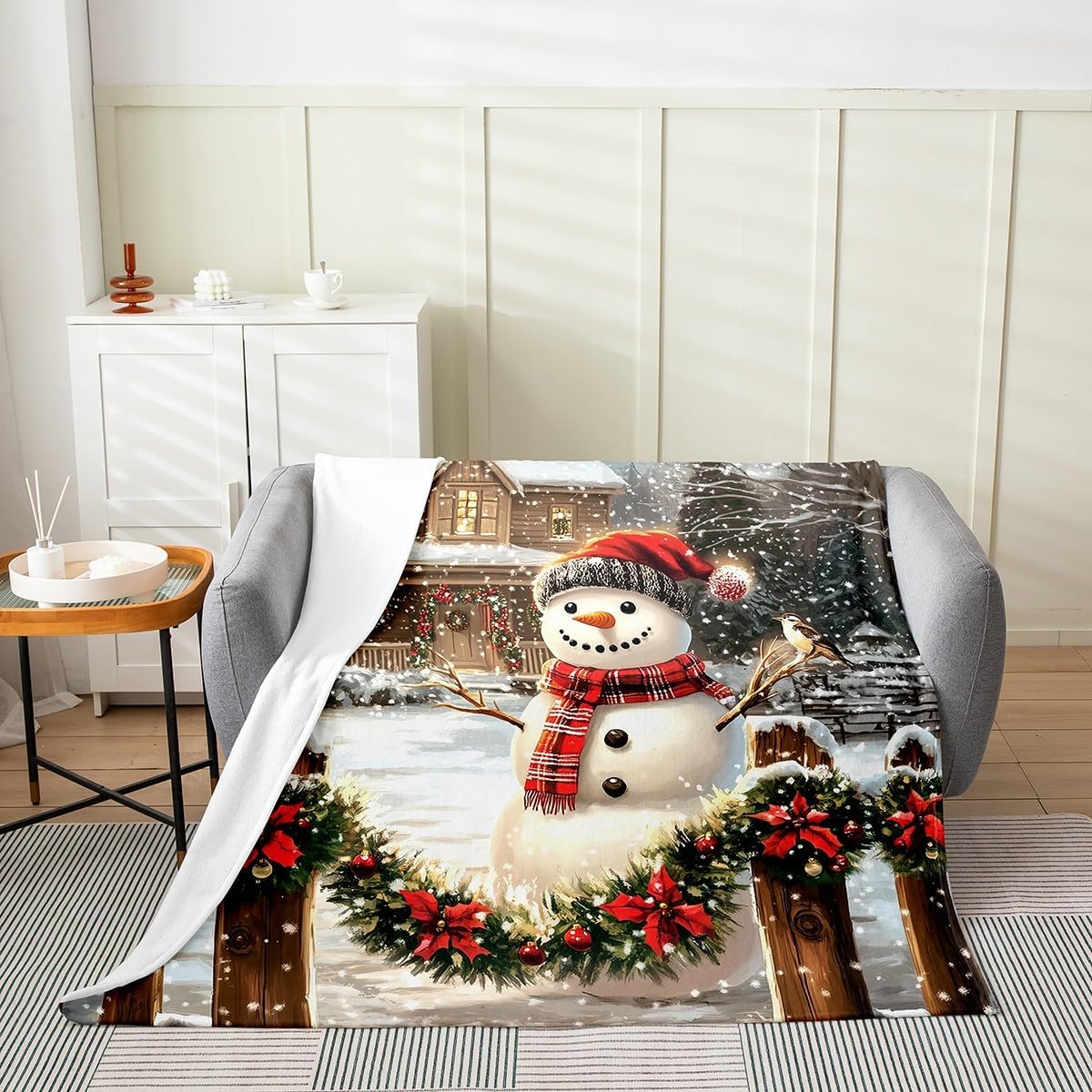 Cute Snowman Fleece Throw Blanket Soft Cozy Christmas Eve Flannel Blanket for Kids Women Adults Snowhouse Plush Blanket Snow Scene Fuzzy Blanket for Sofa Bed Couch(60x80 Inches)