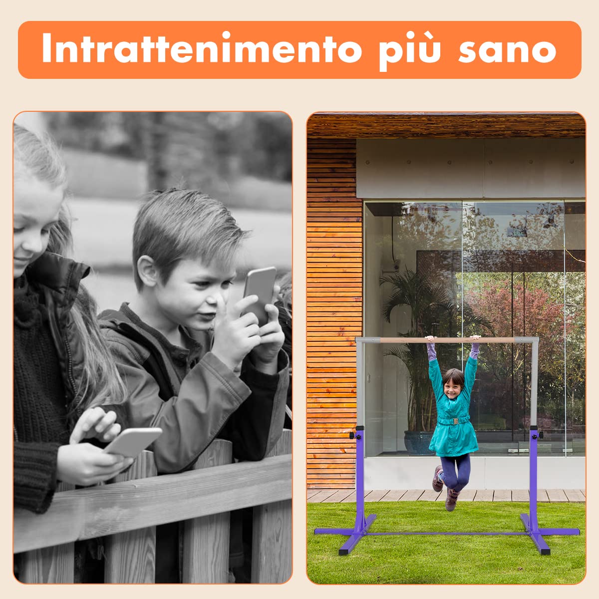 RELAX4LIFE Barra Orizzontale da Ginnastica per Bambini, Attrezzatura per Fitness con Telaio in Metallo, Barra di Allenamento con Altezza Regolabile (Viola, 203 x 121 x 91-150 cm)