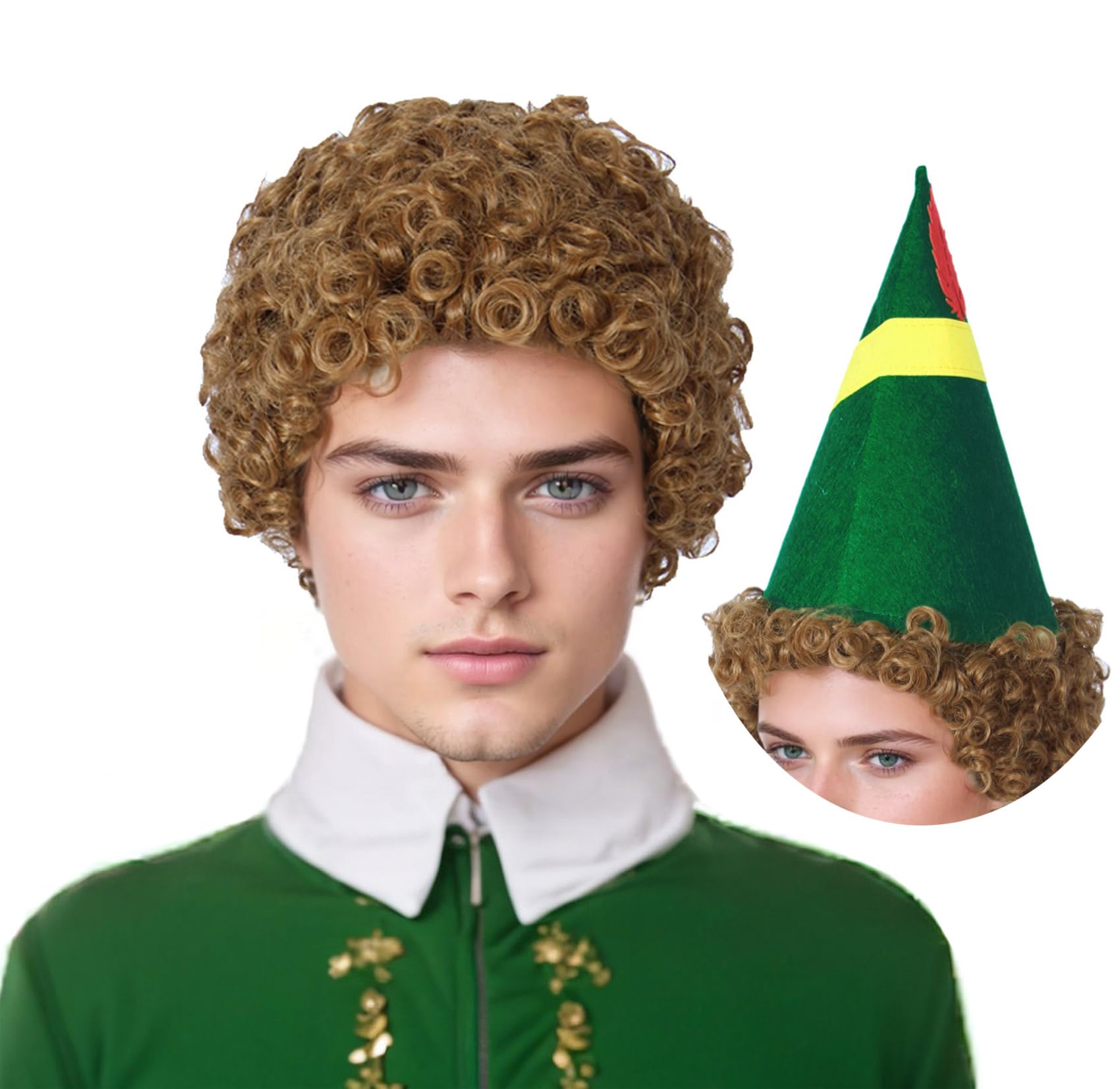 Linfairy Short 80's Costumes Men's Disco Dirt Bag Wig & Hat Halloween Cosplay Costume Curly Wig for Man, Brown
