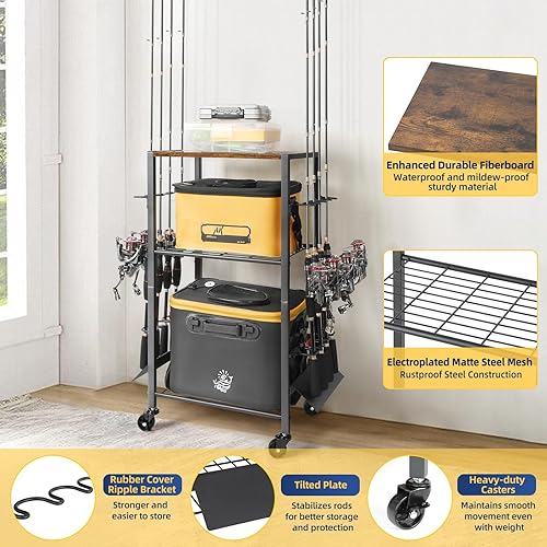 Vista 22 de Olakee Soportes para caña de pescar para garaje, estante para caña de pescar, organizador de equipo de pesca, carrito de aparejos para esquina