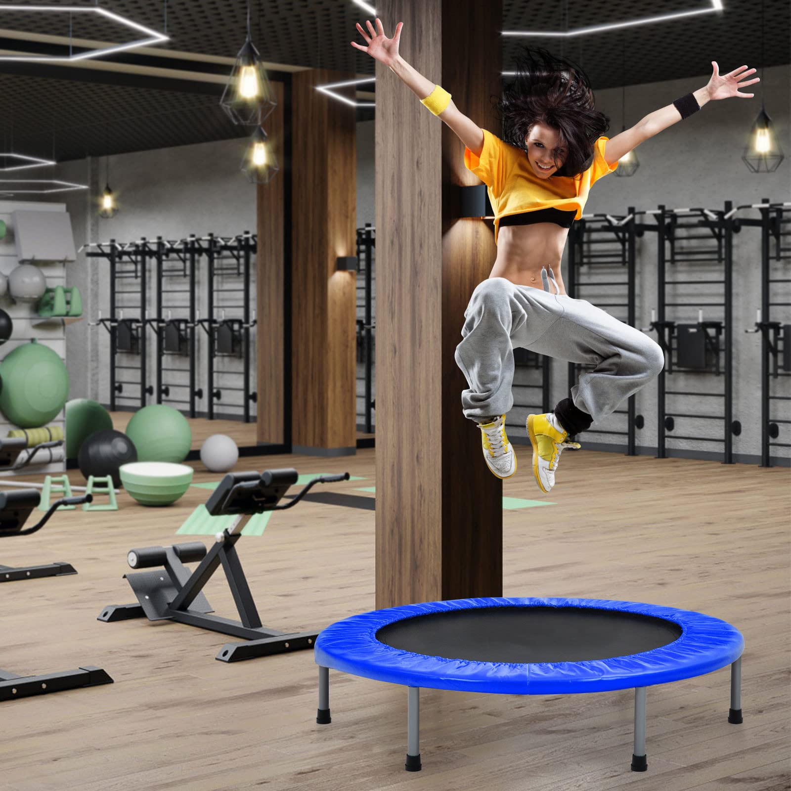 GYMAX Trampoline de Fitness Pliable avec Poignée Réglable à 4 Niveaux, Ressorts en Acier Renforcés, Couverture Rembourrée, Sac de Transport, pour Adultes/Enfants