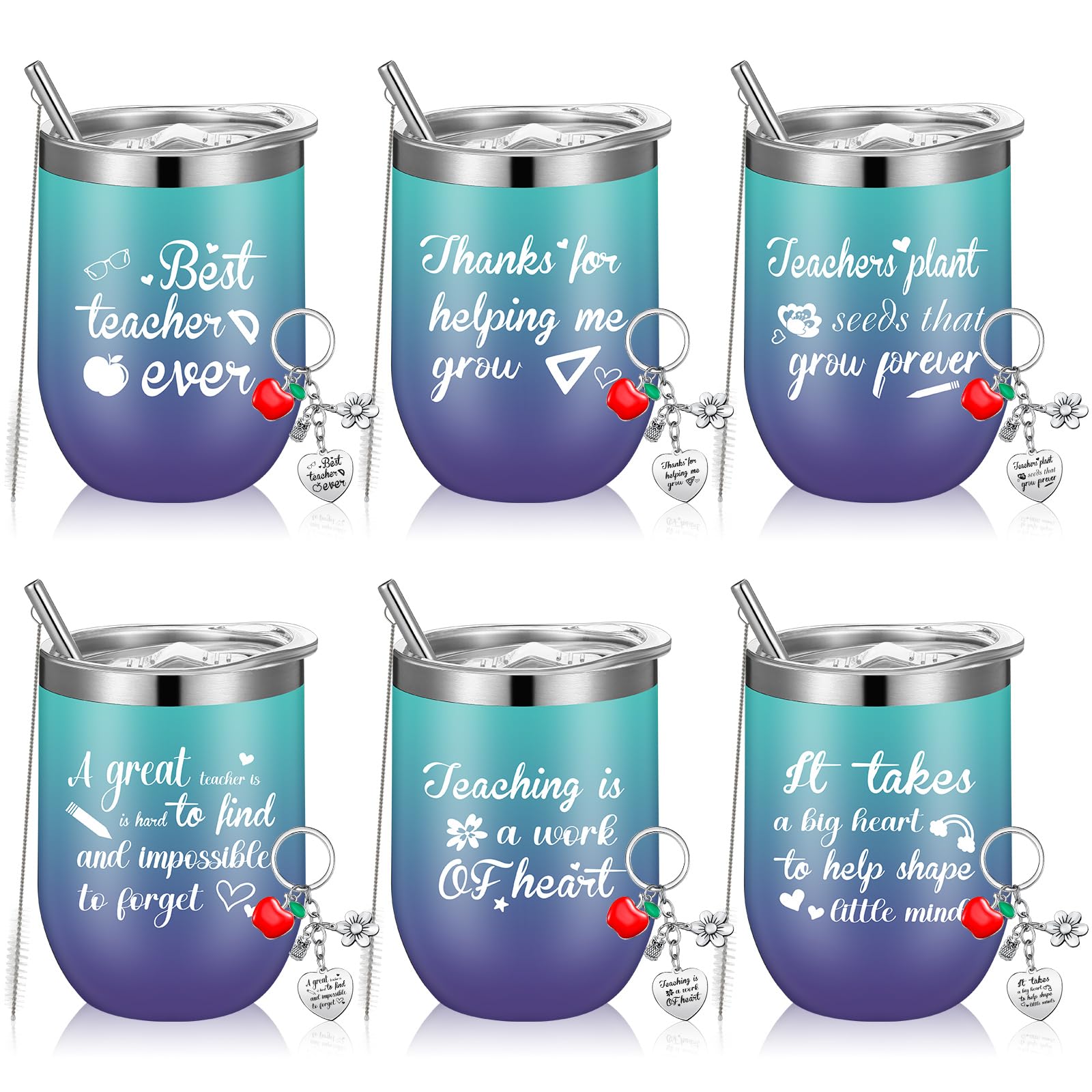 Tioncy 6 Pack Teachers Valentine Gifts for Women Bulk,12 Oz Stainless Steel Teacher Tumblers and Heart Keychains for Teacher Thanksgiving Valentine Birthday Retirement Gifts