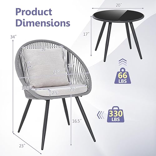 Miniatura 5 de Tangkula Juego de muebles de patio de 3 piezas, juego de sillas de balcón con cojines de asiento y respaldo, mesa de vidrio templado, moderno juego