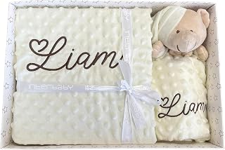 Danielstore- Manta Bebe Personalizada con Nombre Bordado, Cochecito o capazo. Medidas 80x110 cm. Tacto Terciopelo. Regalo Baby Shower Color Beige (Manta + dou dou)