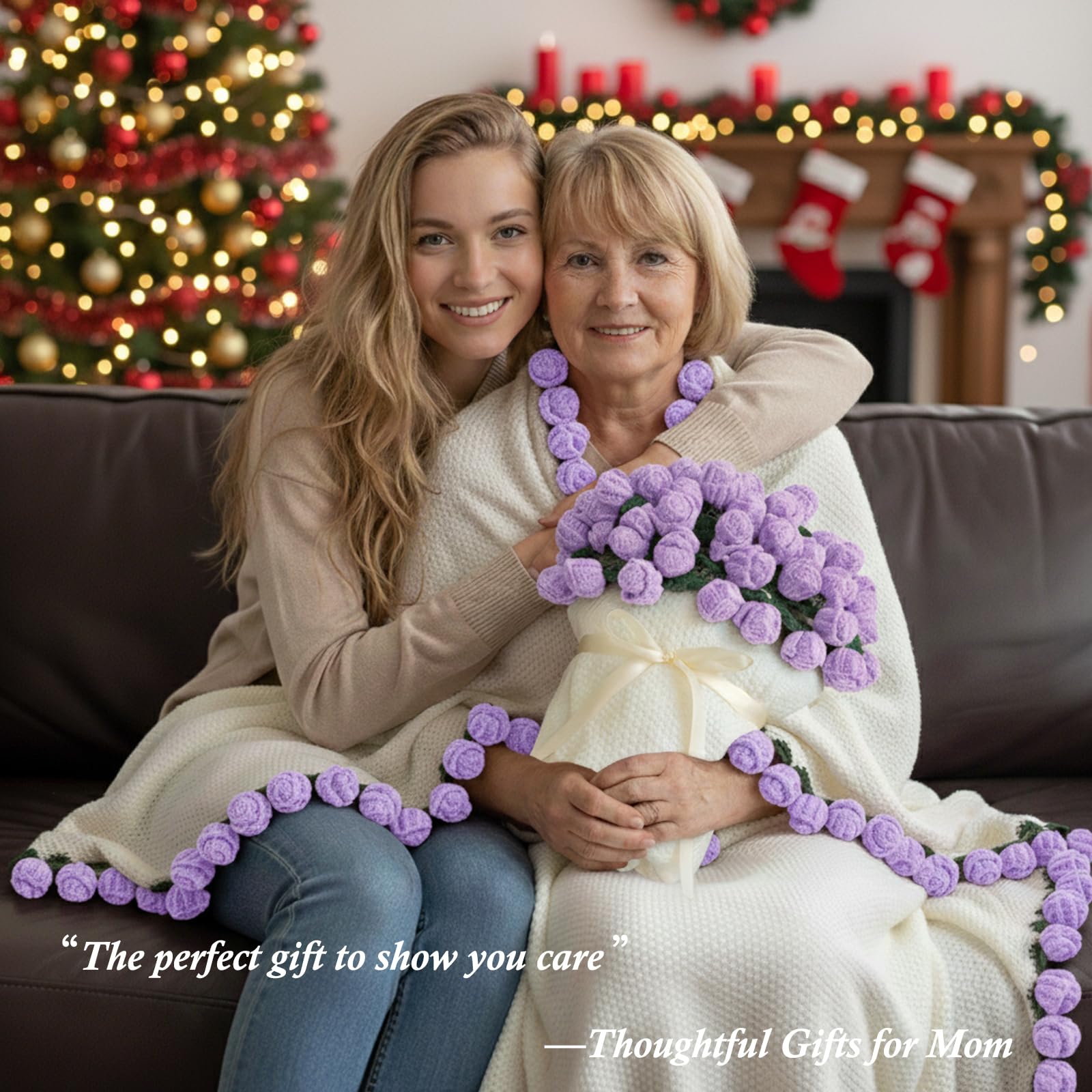 Coperta Bouquet di Fiori, Plaid con Fiori all'Uncinetto Finita, Coperta con Decorazione di Rose, Ideale come Regalo per Donne per San Valentino e Compleanni (Rosa - Viola, 110CM)