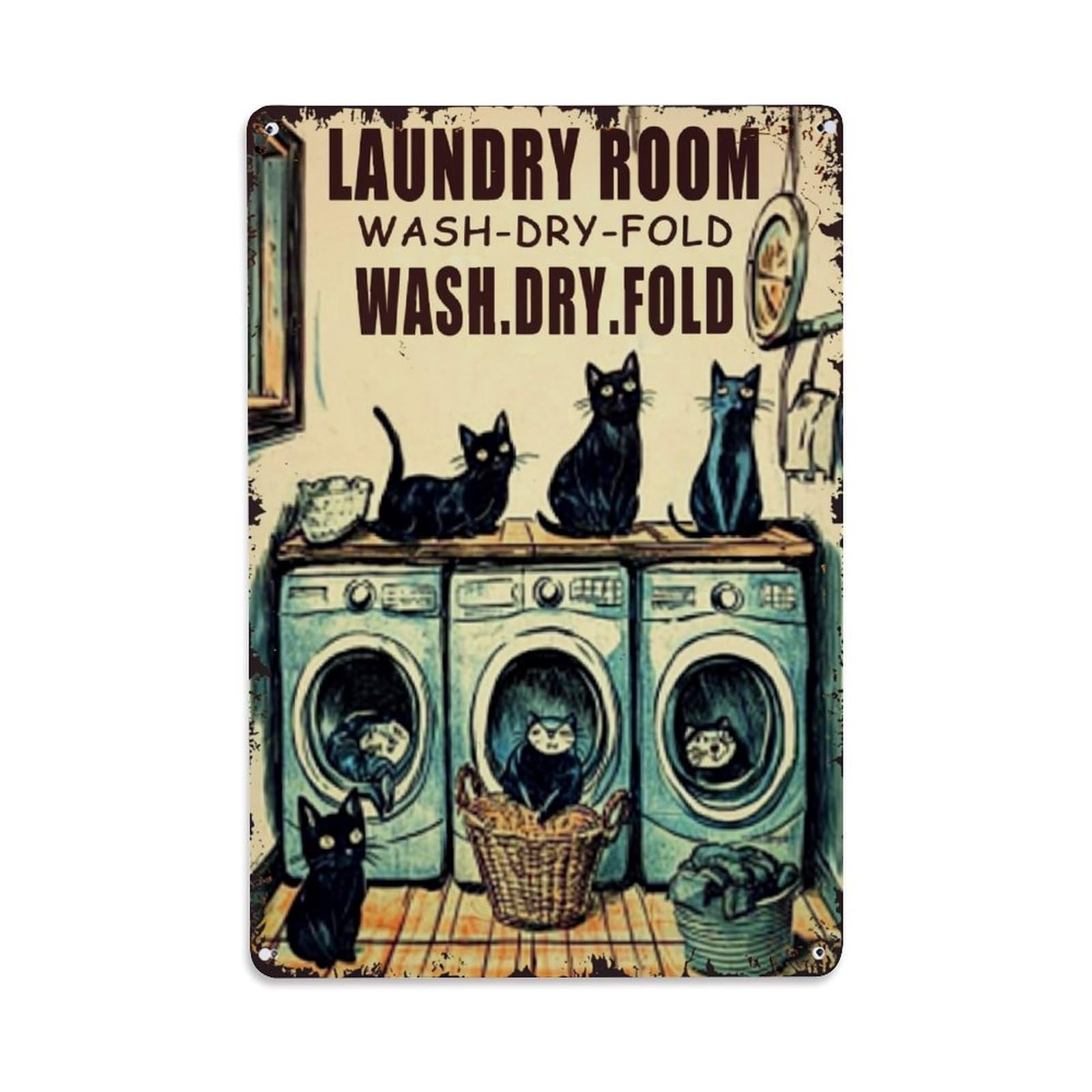 Bliveurn Vintage Cats In Laundry Room Scene_1 Retro Metal Tin Sign, Metal Poster For Home, Gaming Room, Studio Workshop,Bar,Garage Wall Art Decor 8X12 Inch