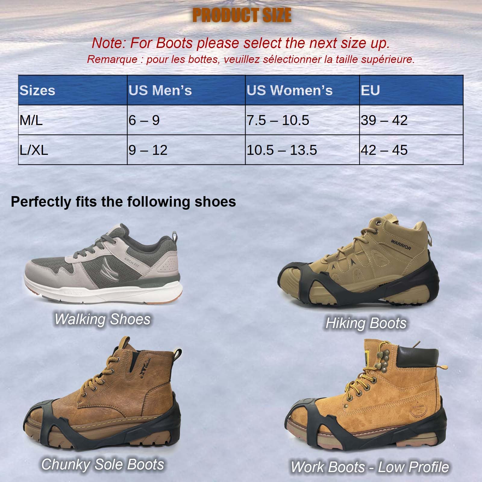 Impugnature da ghiaccio e neve alla moda con fluorescenti per scarpe e stivali, antiscivolo nero per escursionismo, jogging in inverno all'aperto