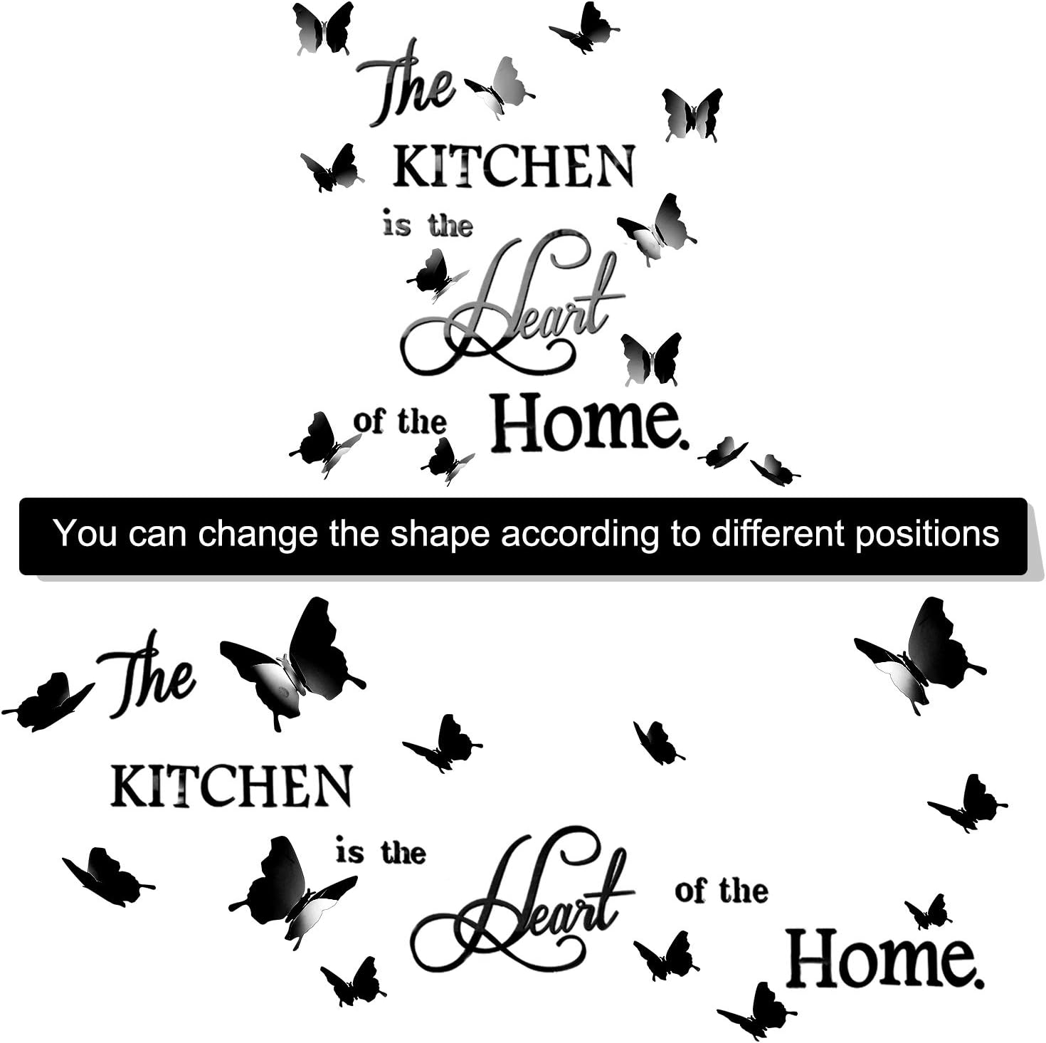 DIY Mirror The Kitchen Wall Stickers with 12 Pieces 3D Butterfly Removable Mural Stickers for Kitchen Dining Room Wall Decal (Black)