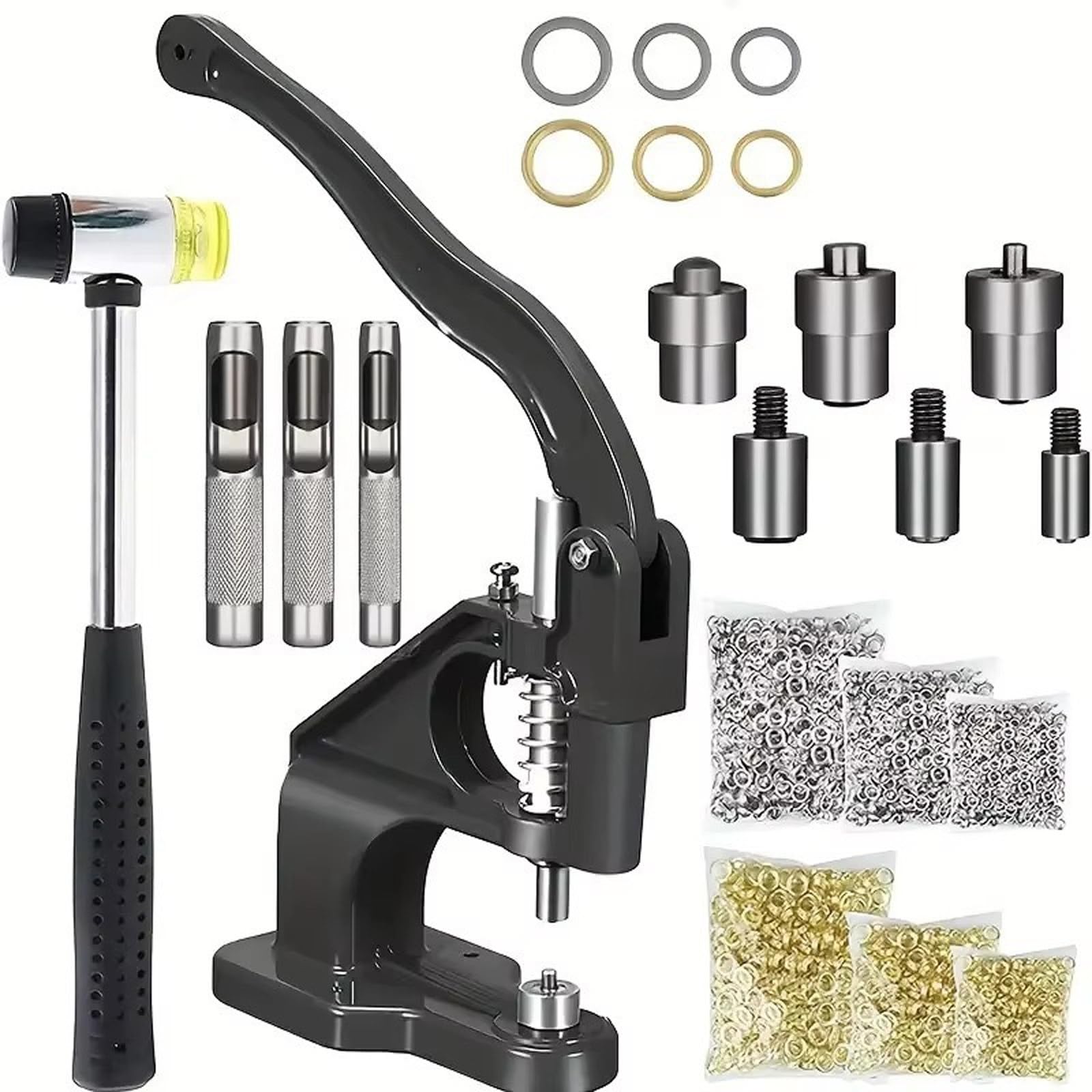 Ojales Metalicos con 3 Matrices Intercambiables, Herramienta para Perforar 3 Agujeros & 3000 Piezas Ojales Metálicos Oro/Plata (6/10/12mm) para Lonas, Banderas, Cortinas, Cuero