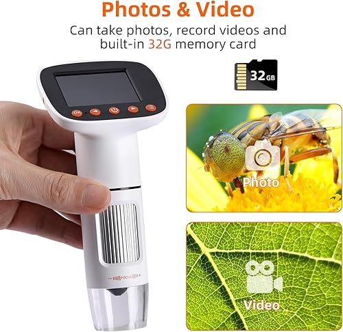 Miniatura 5 de Koolertron Microscopio digital de mano de 2 pulgadas con pantalla LCD, microscopio de bolsillo con tarjeta 32G para niños y adultos, 50x-1000x Zoom