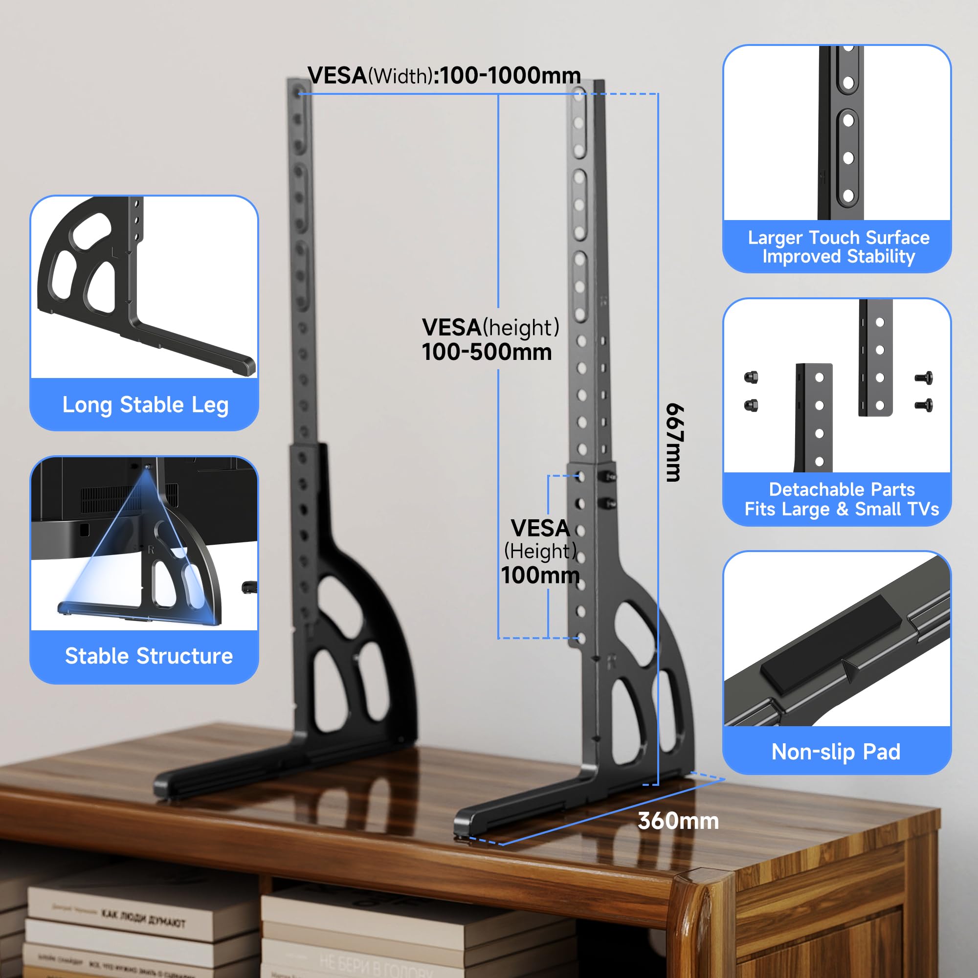 XINLEI Supporto TV universale per TV da 22 a 85 pollici, base in metallo anti-oscillazione, piedini di ricambio robusti e regolabili, VESA max. 1000 x 500 mm, capacità di carico di 55 kg ML1760E