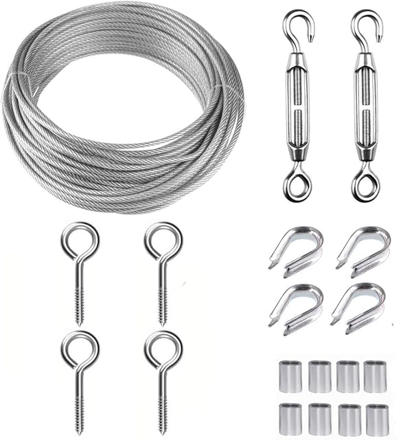 TooTaci Garden Wire,2mm Stainless Steel Wire Rope Kit,15M/2mm Wire Rope Coated Metal Cable with Stainless Steel Turnbuckle Wire Tensioner Kit for Picture Wire,Catenary Wire Kit,Outdoor Light Hanging