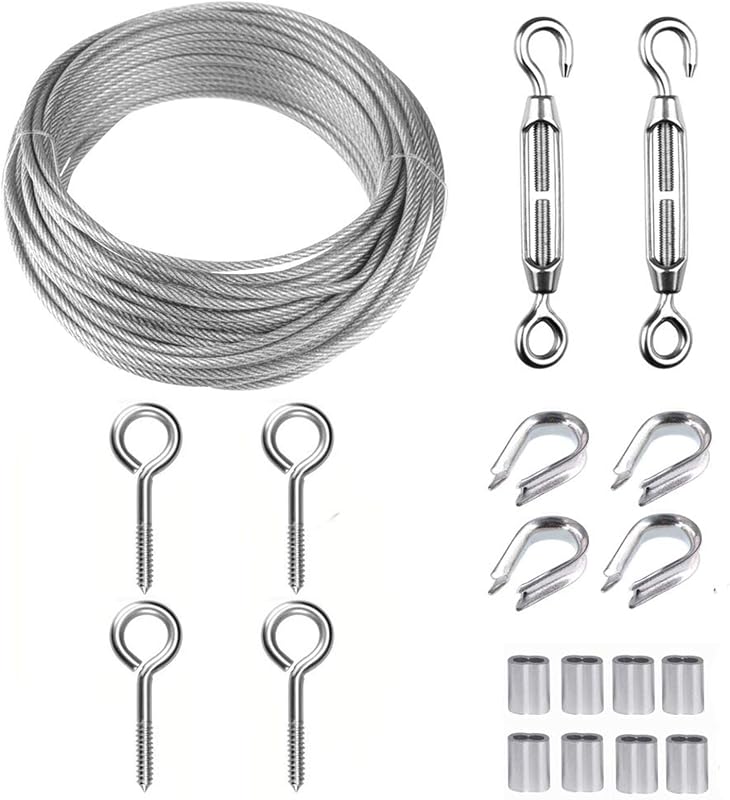 TooTaci Kit de enrejado de alambre, cuerda de alambre de acero inoxidable recubierto de vinilo de 50 pies 1/16 pulgadas | Kit tensor de hebilla M5, cable de acero de 7 x 7 hilos para colgar luces, colgar cuadros, plantas trepadoras, enrejado