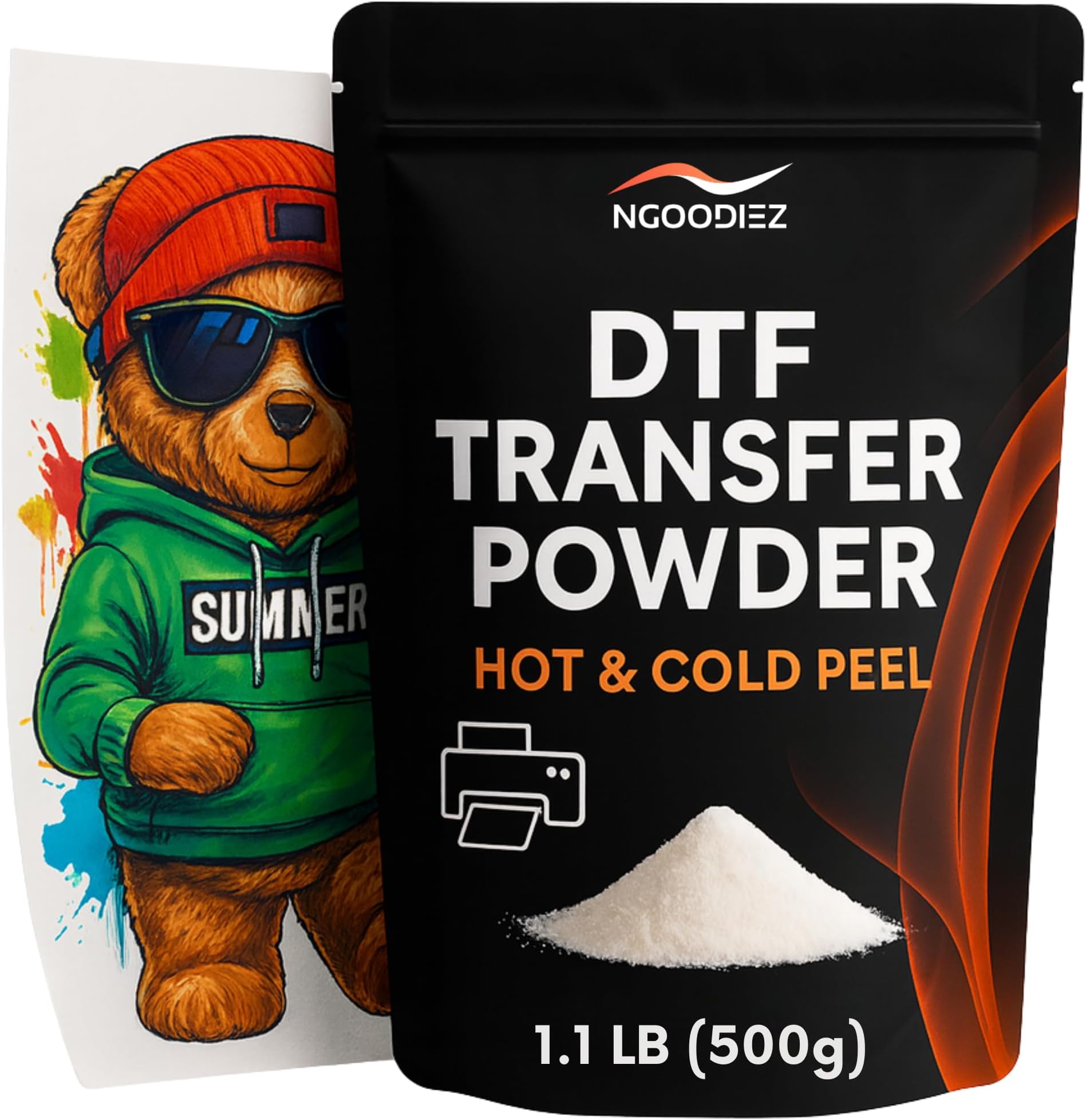 NGOODIEZ DTF Powder White 500g - DTF Transfer Hot Melt Adhesive Powder for Sublimation, Clump-Free PreTreat Powder for All Fabrics Cotton Polyester, Works with Epson L1800 XP600 DTF DTG Printers