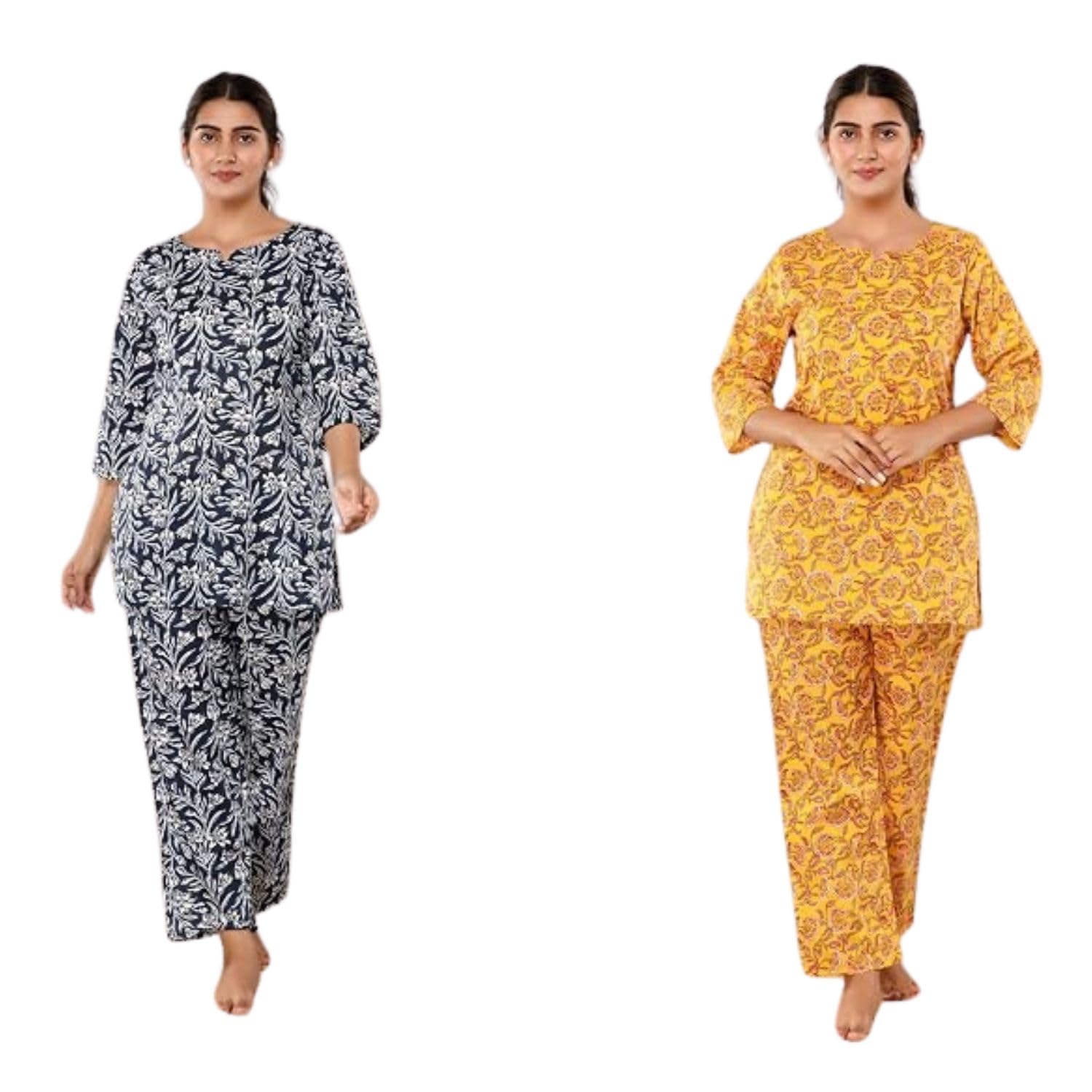 Women Printed Western Wear 02 Kurta, 02 Pants Cotton KCC278 Blue Yellow 4 Top & Pyjama Set-image-42