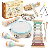 LeeQee Montessori Wooden Musical Instruments for Toddlers 1-3: Neutral Boho Percussion Set with Xylophone, Sensory Music Toys