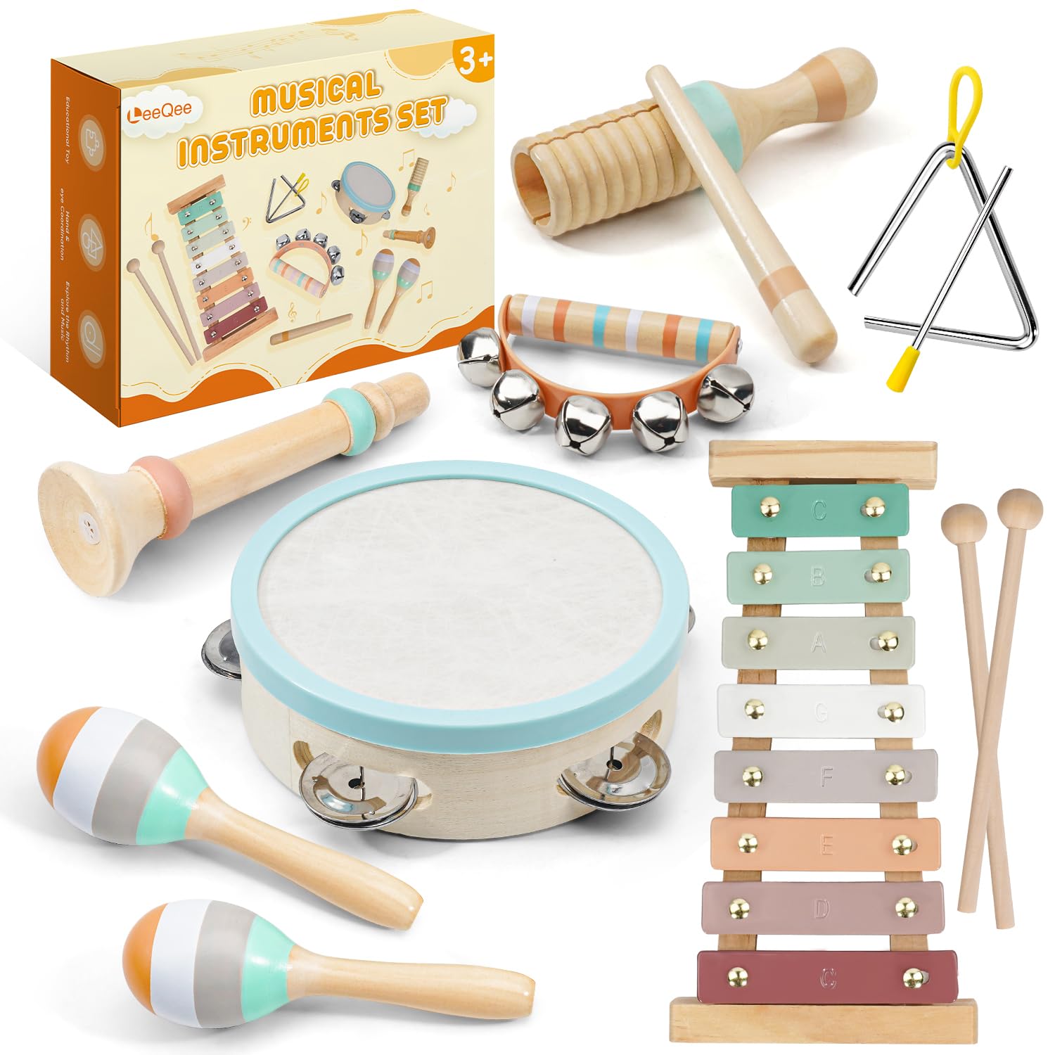 LeeQee Montessori Toys for 1 2 3 Year Old - Wooden Toys Baby Musical Instruments Neutral Colors Percussion
