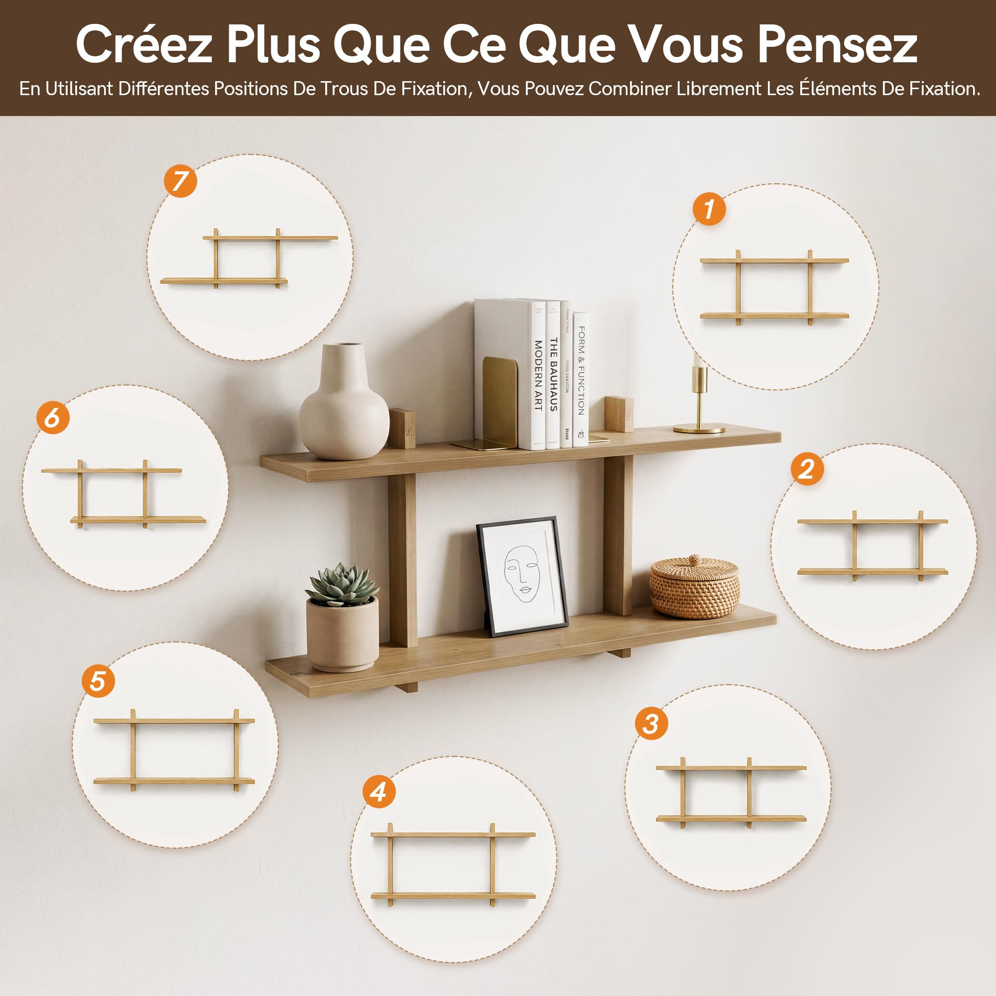 Afuly Étagère Murale Réglable 2 Niveaux Chêne Blanc pour Salon Déco, 80 cm | Étagères flottantes réglables, pour livres, plantes et cadres, salon, chambre, cuisine et salle de bain