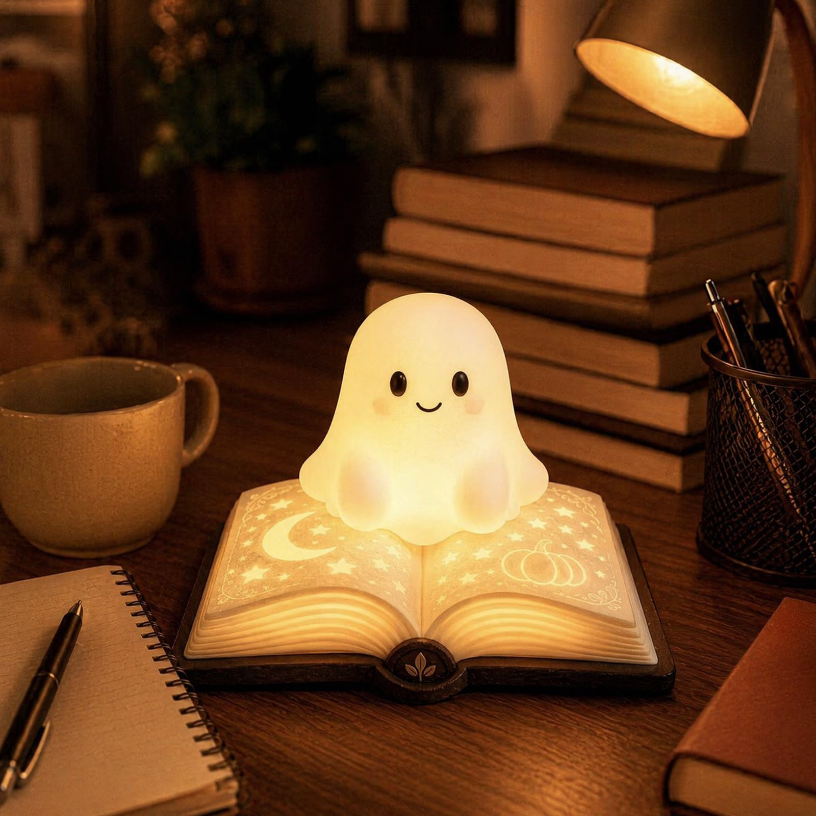 Halloween Ghost Reading Book Lamp, Cute Ghost Night Light with Book