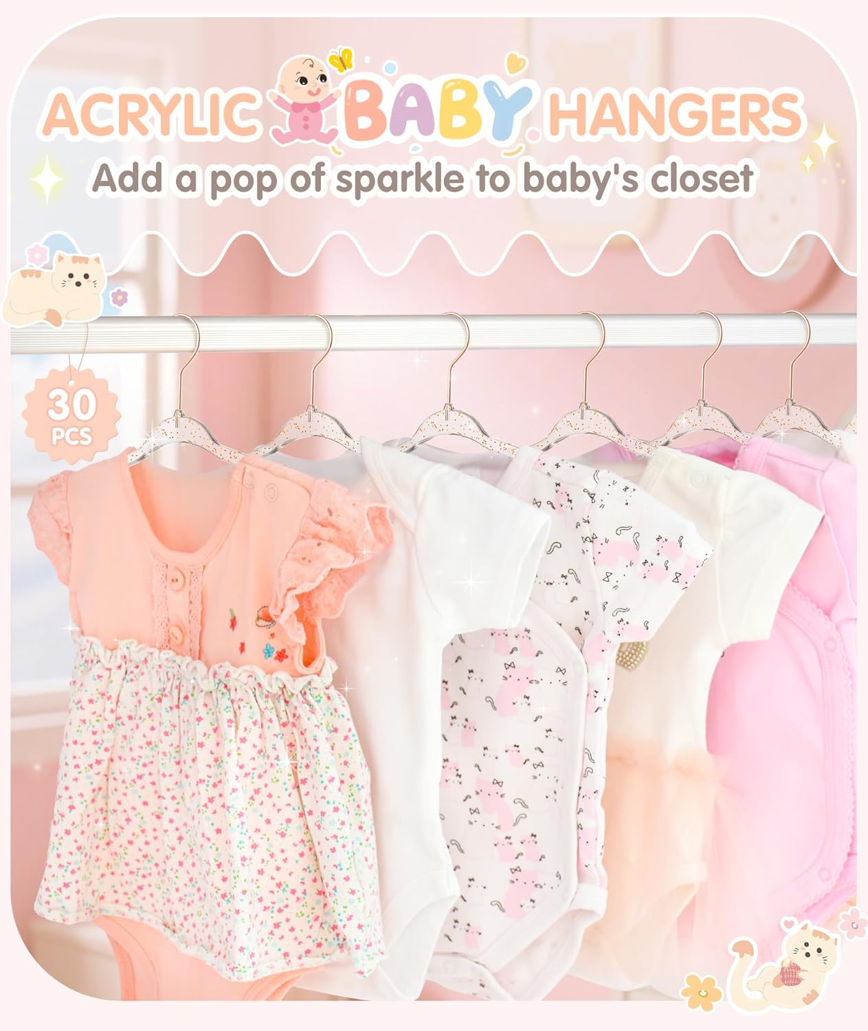 VIS'V Baby Hangers, 11 Inch Acrylic Kids Glitter Hangers for Infant Toddler Nursery Closet Clothes Organization, Pink, 30 Pcs - Image 2