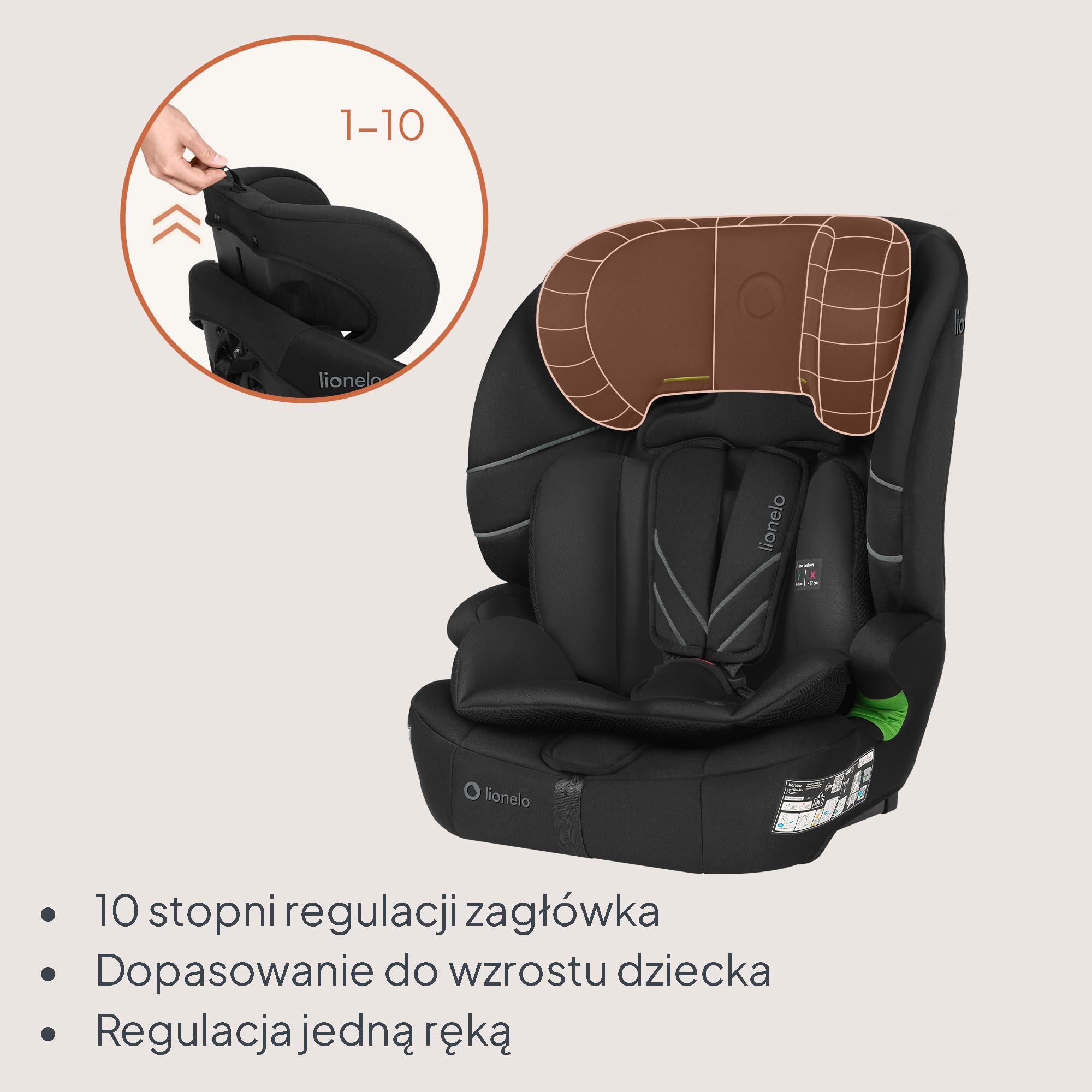 Lionelo Levi Fix I-SIZE fotelik dziecięcy 76-150 cm do 18 kg, grupa 1 2 3, osłona boczna, regulacja zagłówka 10 stopni, ISOFIX i montaż Top Tether, R129 i-Size