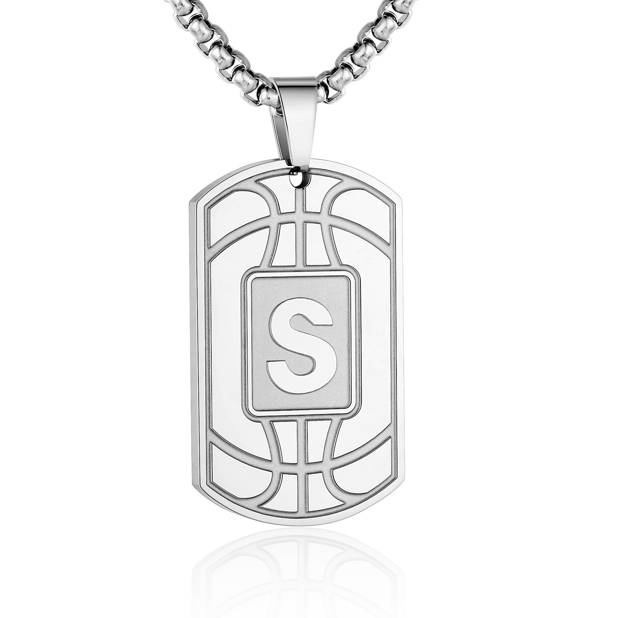 Initial A-Z Basketball Dog Tag Necklace for Men - Charm Pendant With Stainless Steel Chain 22+2 Inches - Personalized Sports Athletes Jewelry Gift
