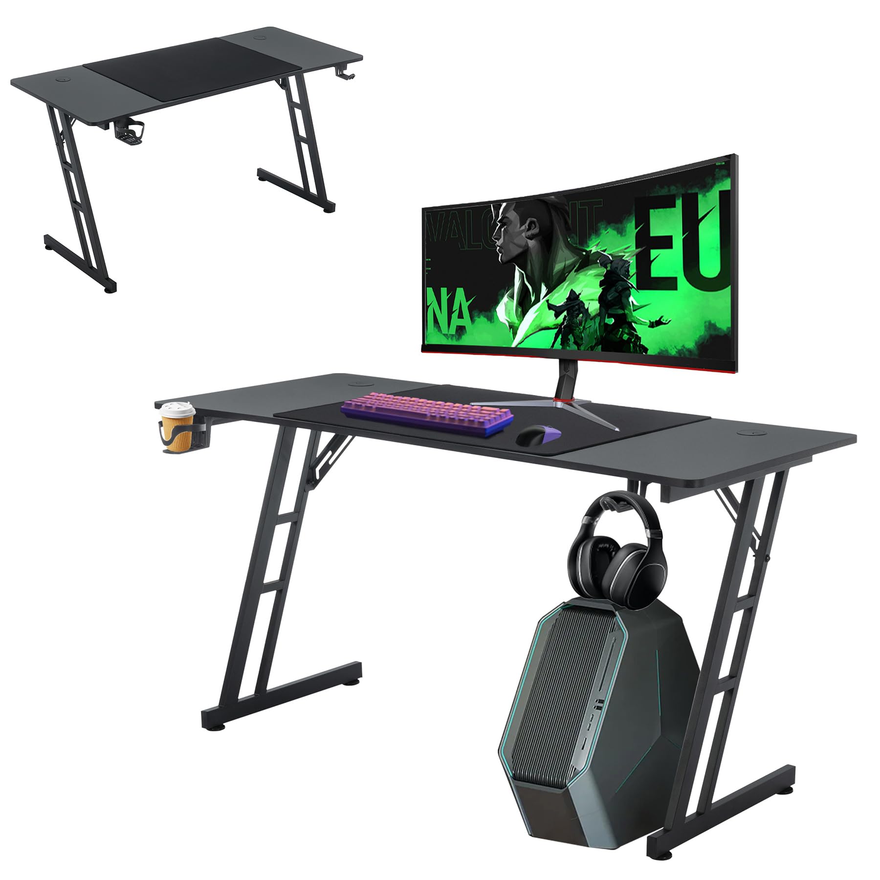 Froadp Gaming Schreibtisch 140x60cm Z-förmiger PC Gaming Tisch Schwarz Kohlefaseroberfläche Ergonomischer Computertisch mit Getränkehalter und Kopfhörer Haken 150 kg Belastbarkeit