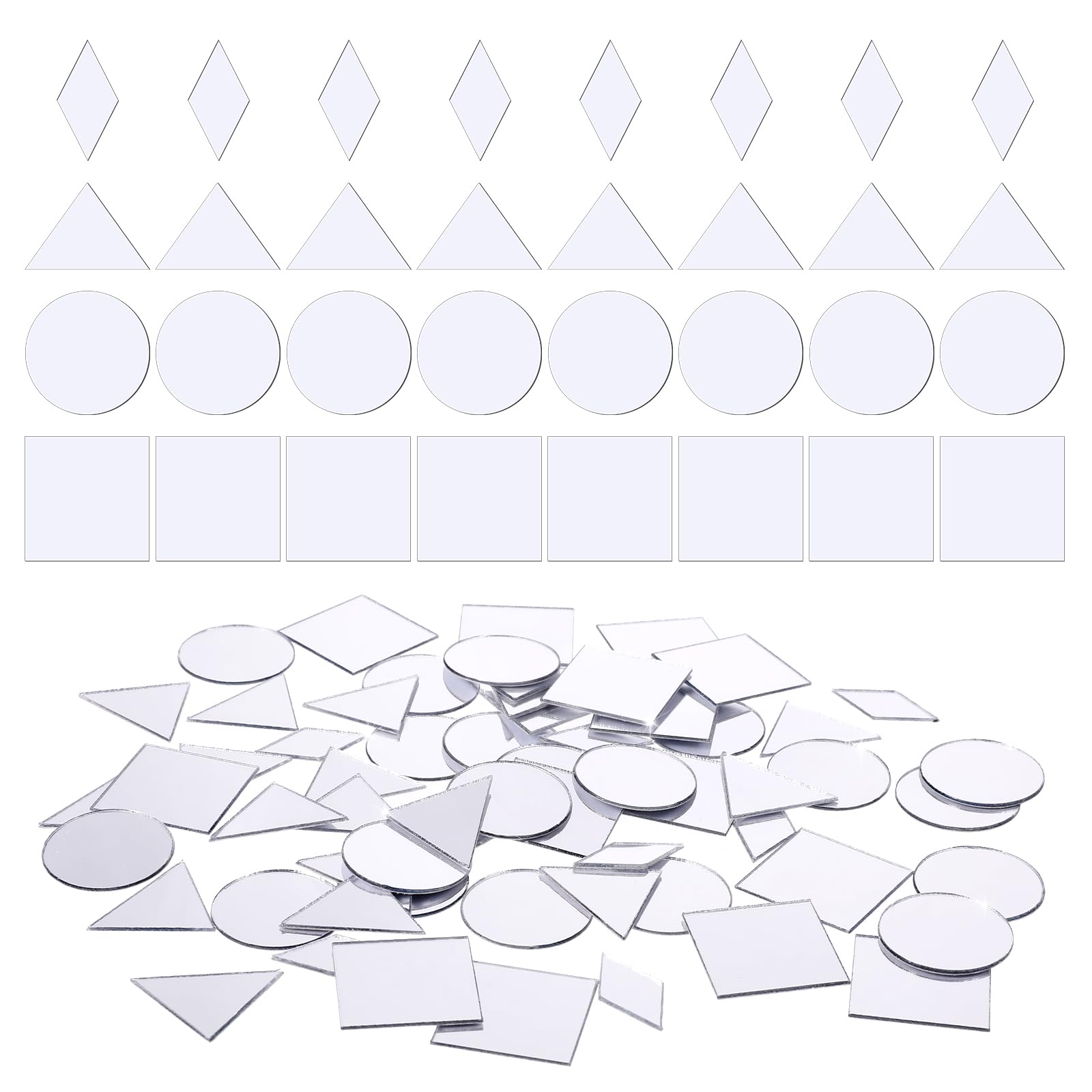 120 PCS 4 Shapes Mirrors for Crafts, 1 Inch Small Mirror Pieces for Crafts DIY Mini Mirror Mosaic Tiles Triangles/Squares/Rounds/Rhombus for Disco Ball Lamp Framing Decoration