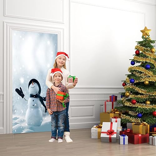 Miniatura 4 de Calcomanía de puerta de Navidad 3D, calcomanías de Navidad Snownman para puerta, mural de pared de puerta, papel tapiz extraíble para decoración de