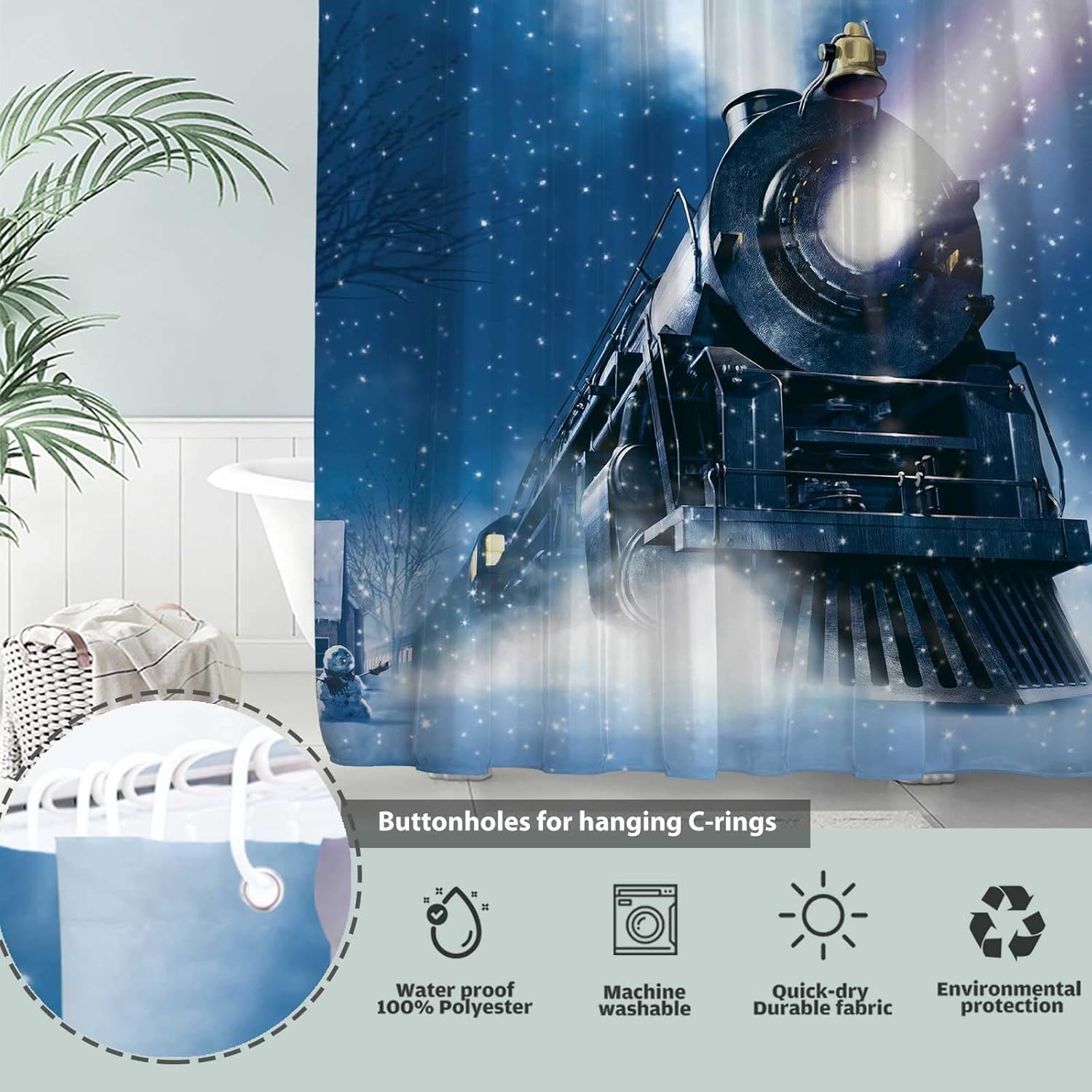 Seasonwood Winter Christmas Night Train Shower Curtain Set with 12 Hooks Wonderland Railway Polar Express Retro Bathroom Bathtubs Decor Waterproof with Washable Durable Polyester Fabric 72"x72"