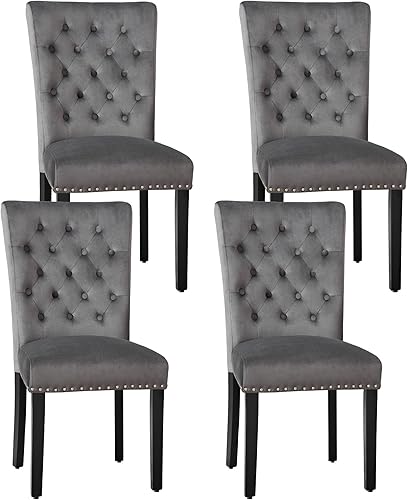 Miniatura 23 de Juego de 4 sillas de comedor de cocina de terciopelo, silla de comedor tapizada Parsons, silla decorativa de madera con ribete clavado, azul