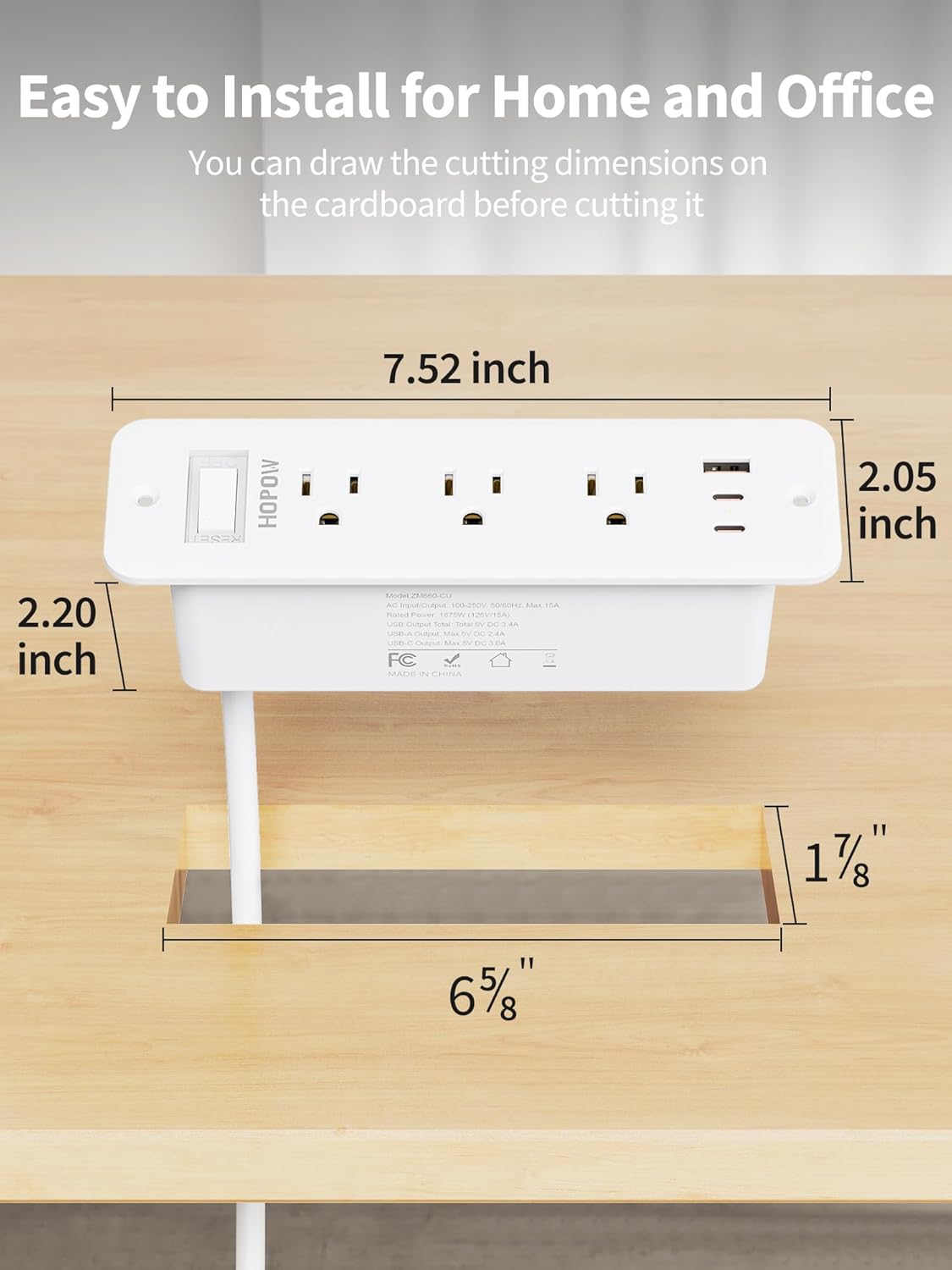 Recessed Power Strip 5 FT Recessed Outlet, Flush Mount Furniture Outlet with 6 Outlets 5 USB Ports (3 USB C), Desktop Charging Station for Nightstand, Side Table, 900J Surge Protector, White