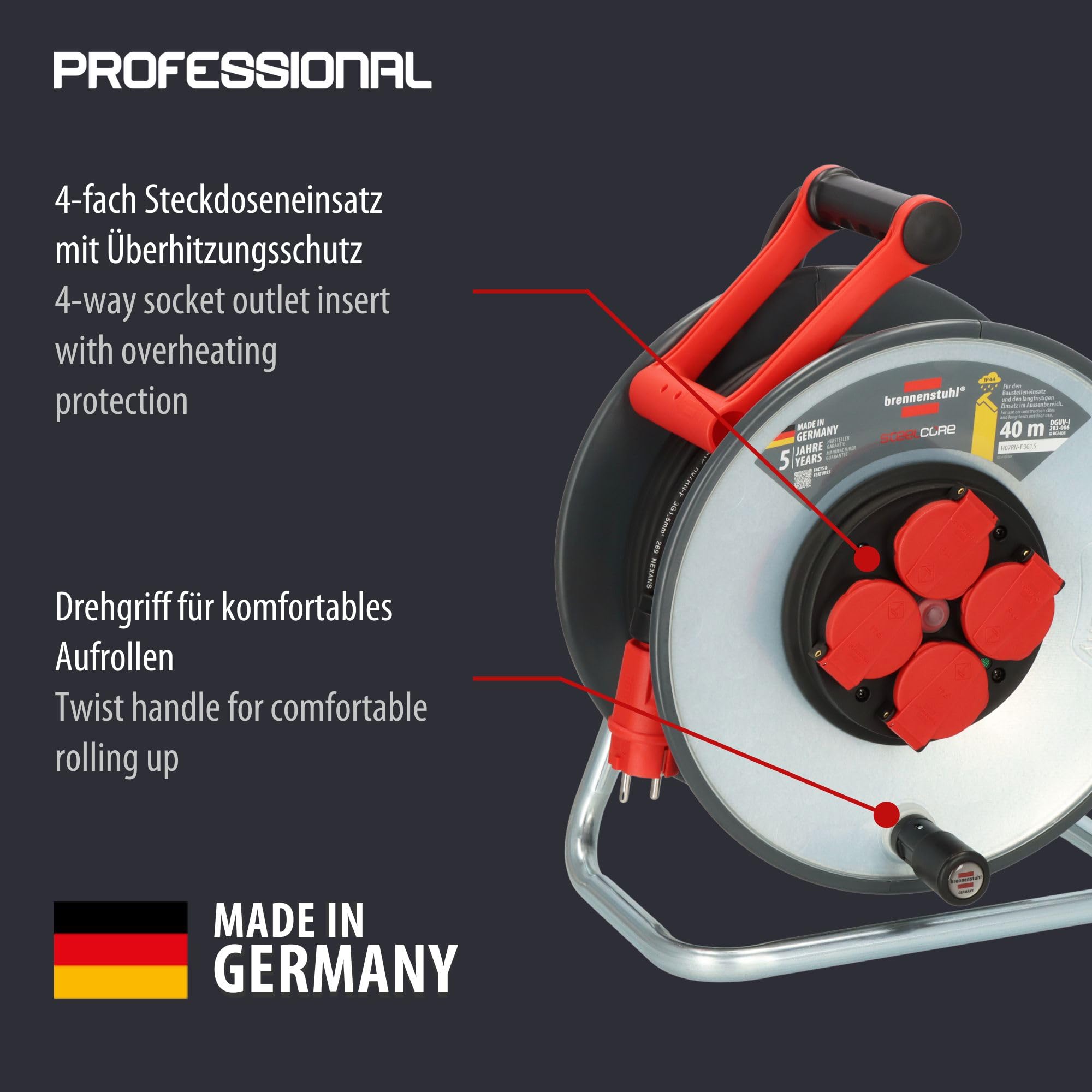 Brennenstuhl Professional SteelCore SC 4100 IP44 (40 m, corpo tamburo in lamiera d'acciaio, uso da cantiere e uso esterno permanente, Made in Germany)