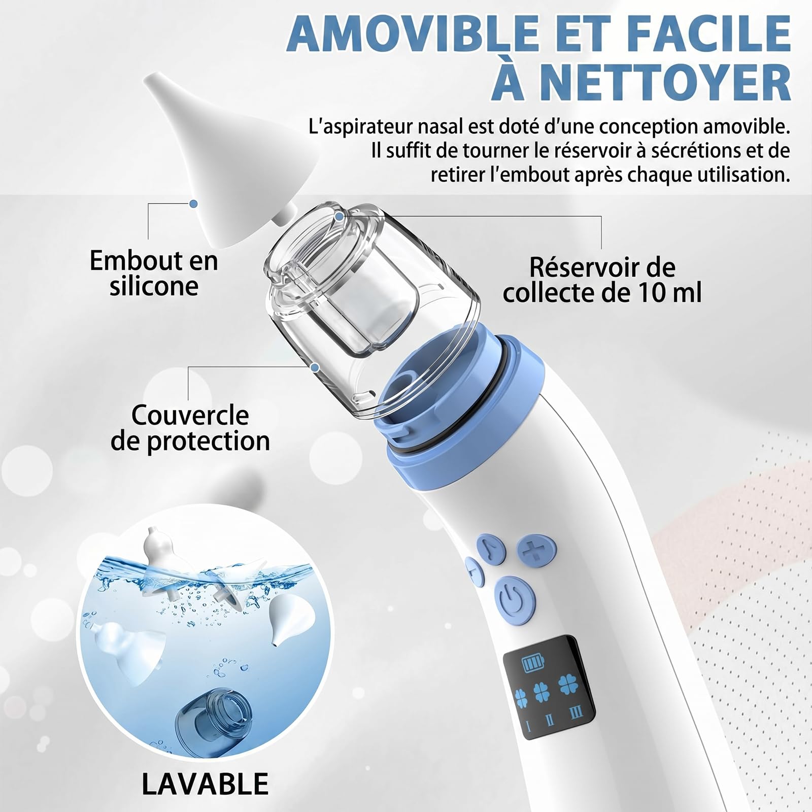 Aspirateur Nasal Électrique Bébé Rechargeable 3 Niveaux d'Aspiration 2 Embouts Musique Lumière Douce