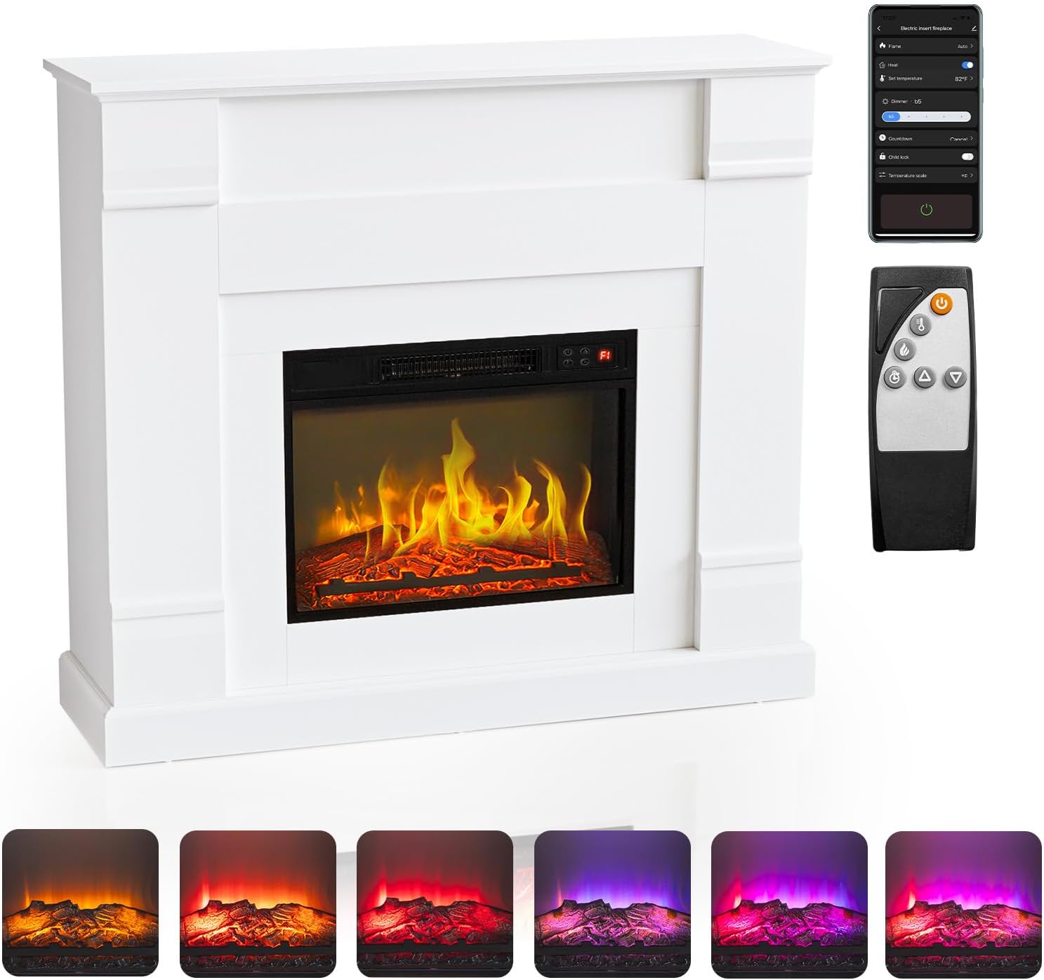 ROVSUN 43''W Smart Electric Fireplace Stove w/APP & Remote Control, Realistic Fake Fireplace Heater w/Timer, 6 Flame Color, 5 Flame Brightness & Wood Mantel for Indoor Bedroom Living Room-1400W