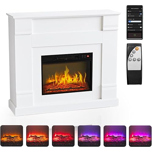 ROVSUN 47''W Smart Electric Fireplace Stove w/APP & Remote Control, Realistic Fake Fireplace Heater w/Timer, 6 Flame Color, 5 Flame Brightness & Wood Mantel for Indoor Bedroom Living Room-1400W