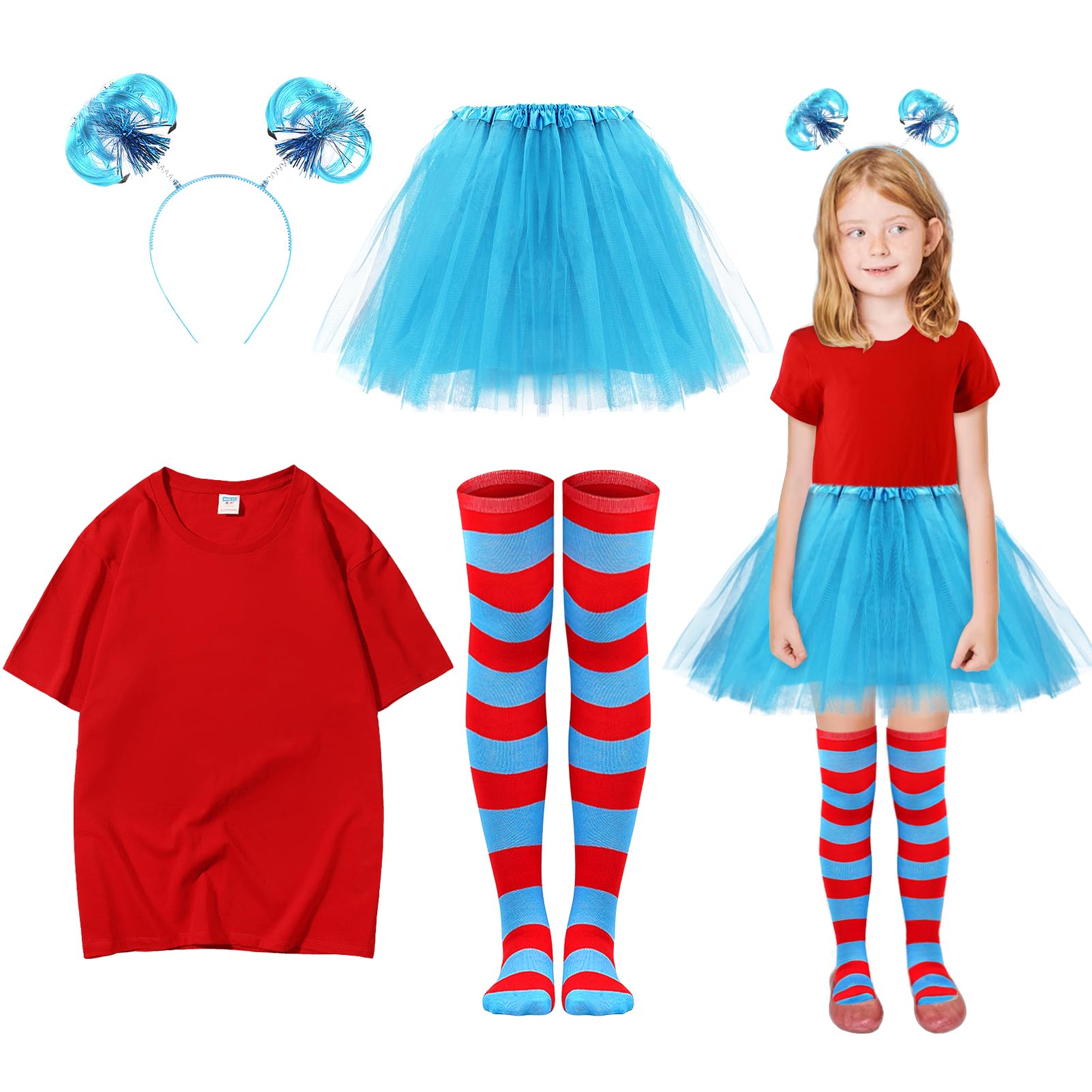 Conjunto de accesorios para disfraz de tutú de tul para niña, camiseta roja, falda tutú, calcetines altos a rayas hasta el muslo, diadema azul