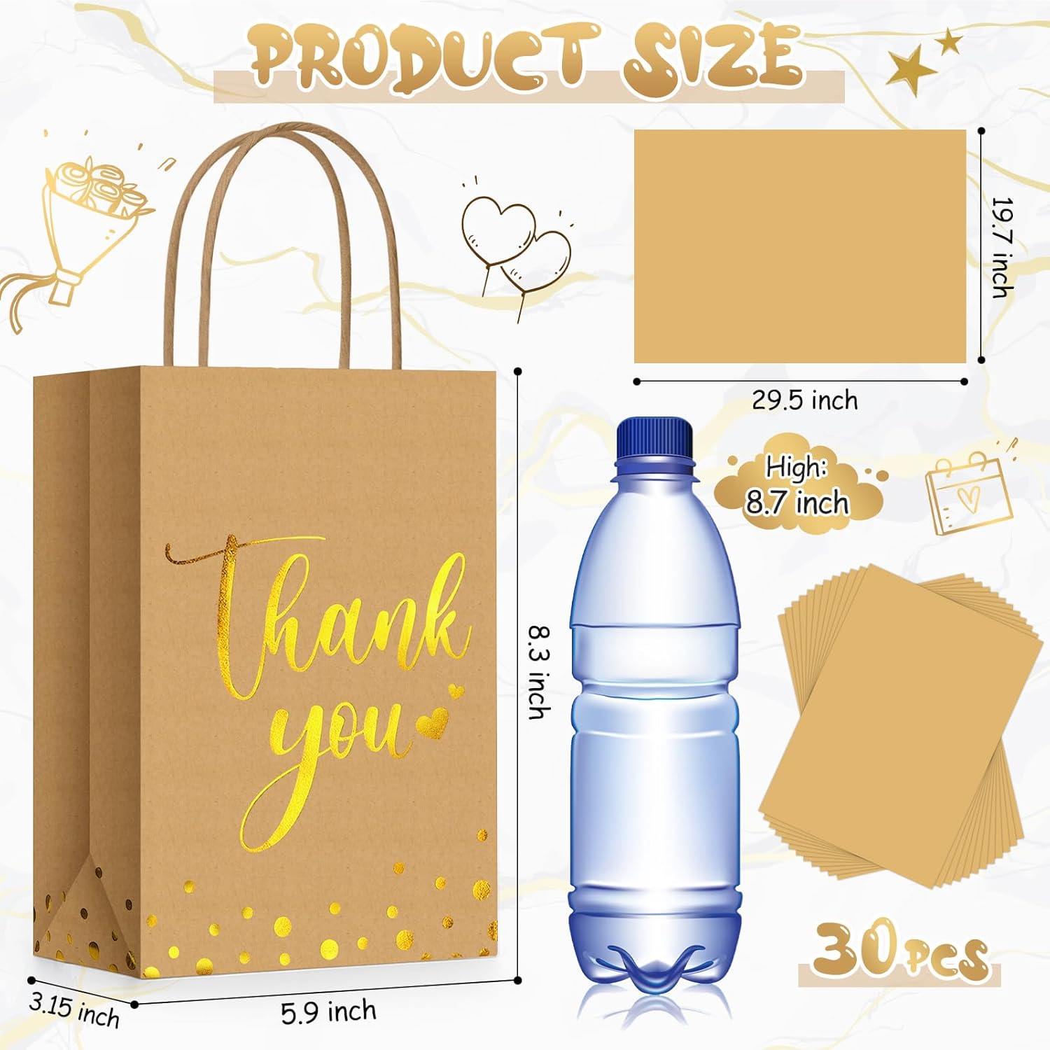 Tinlade 30 Pcs Thank You Gift Bags with Tissue Paper Gold Thank You Wedding Bags with Handle for Graduation Business Shopping Wedding Shower Party Favors(Brown) - Image 2