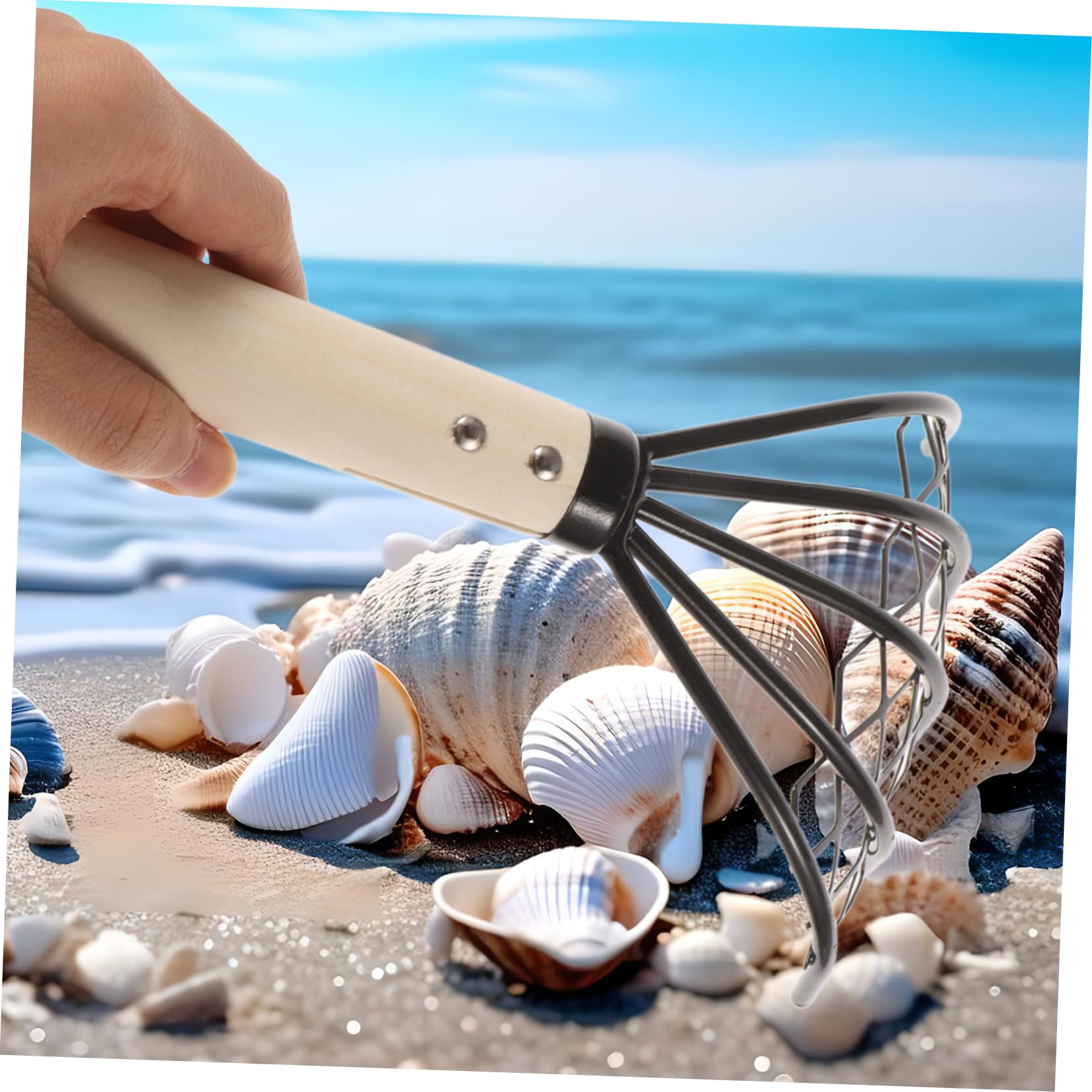 Rastrello Vongole 2 Pezzi con Manico in Legno, Acciaio al Carbonio Nero, Design ad Artigli per Scavare e Trascinare Molluschi sulla Spiaggia