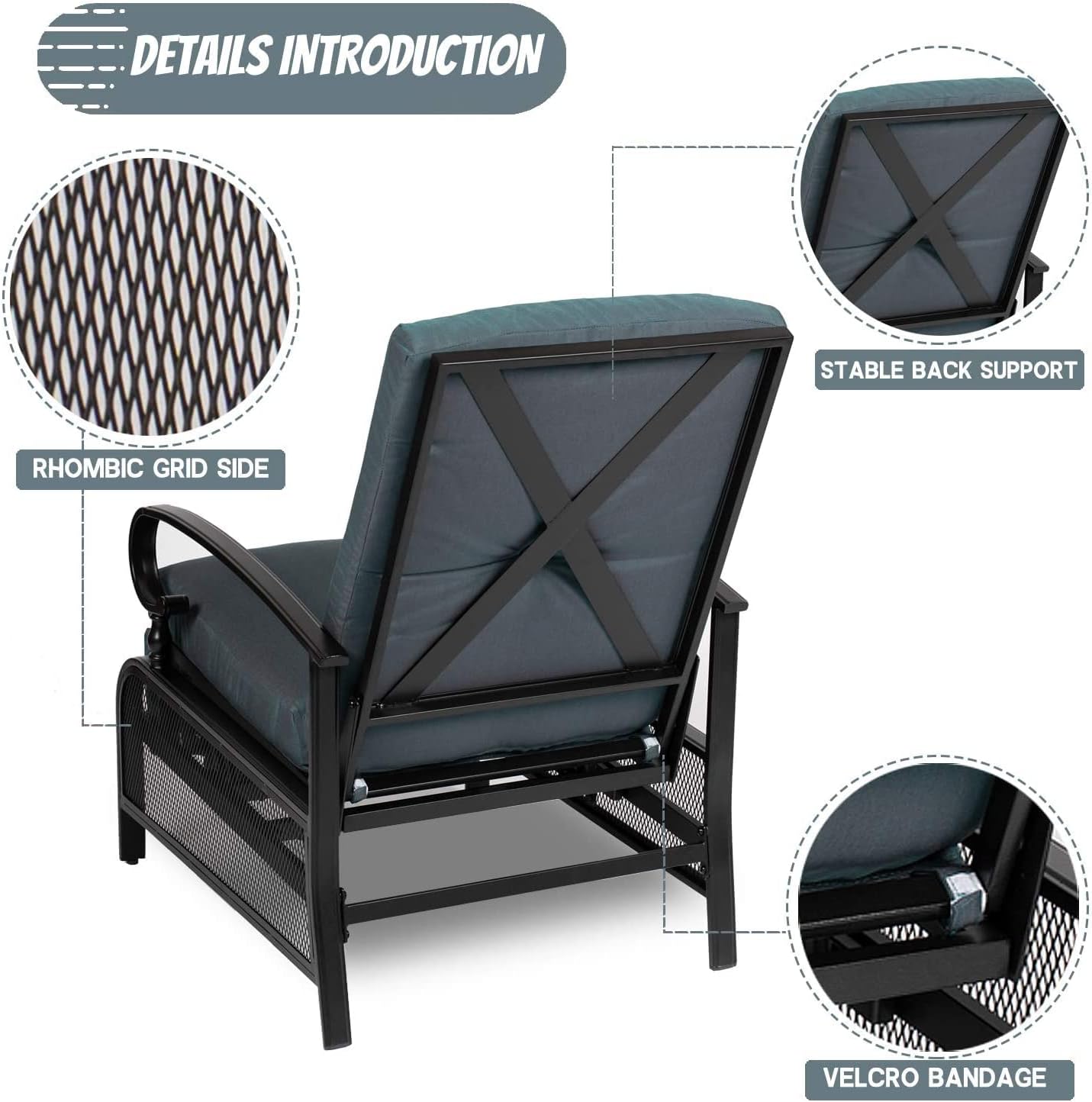 Crownland 2-Piece Outdoor Lounge Chairs Set, Adjustable Reclining Patio Chairs and Umbrella Bistro Table Set, Metal Furniture 1 seat