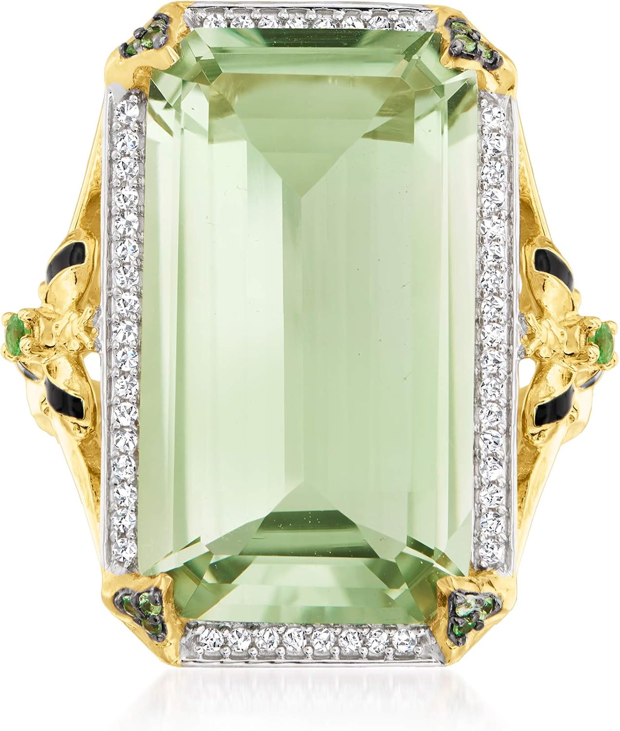 Ross-Simons 16.00 Carat Prasiolite and .20 ct. t.w. White Topaz Bumblebee Ring With Black Enamel in 18kt Gold Over Sterling