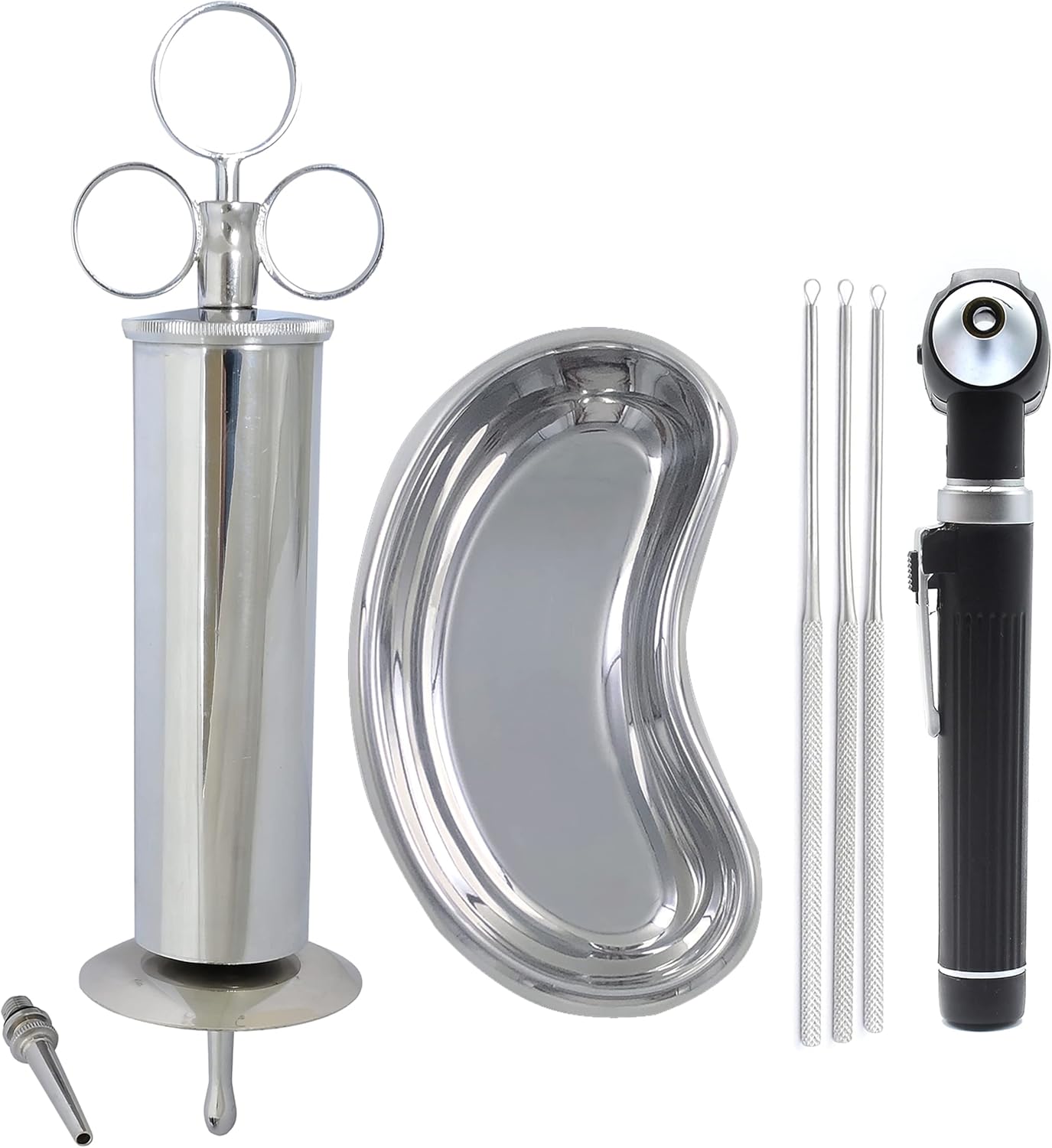 6 Piece Ear Wax Cleaning Kit, Ear Wax Removal Syringe, Ear Wax Remover Loops Curette, Kidney Bowl & Otoscope Set (Black)